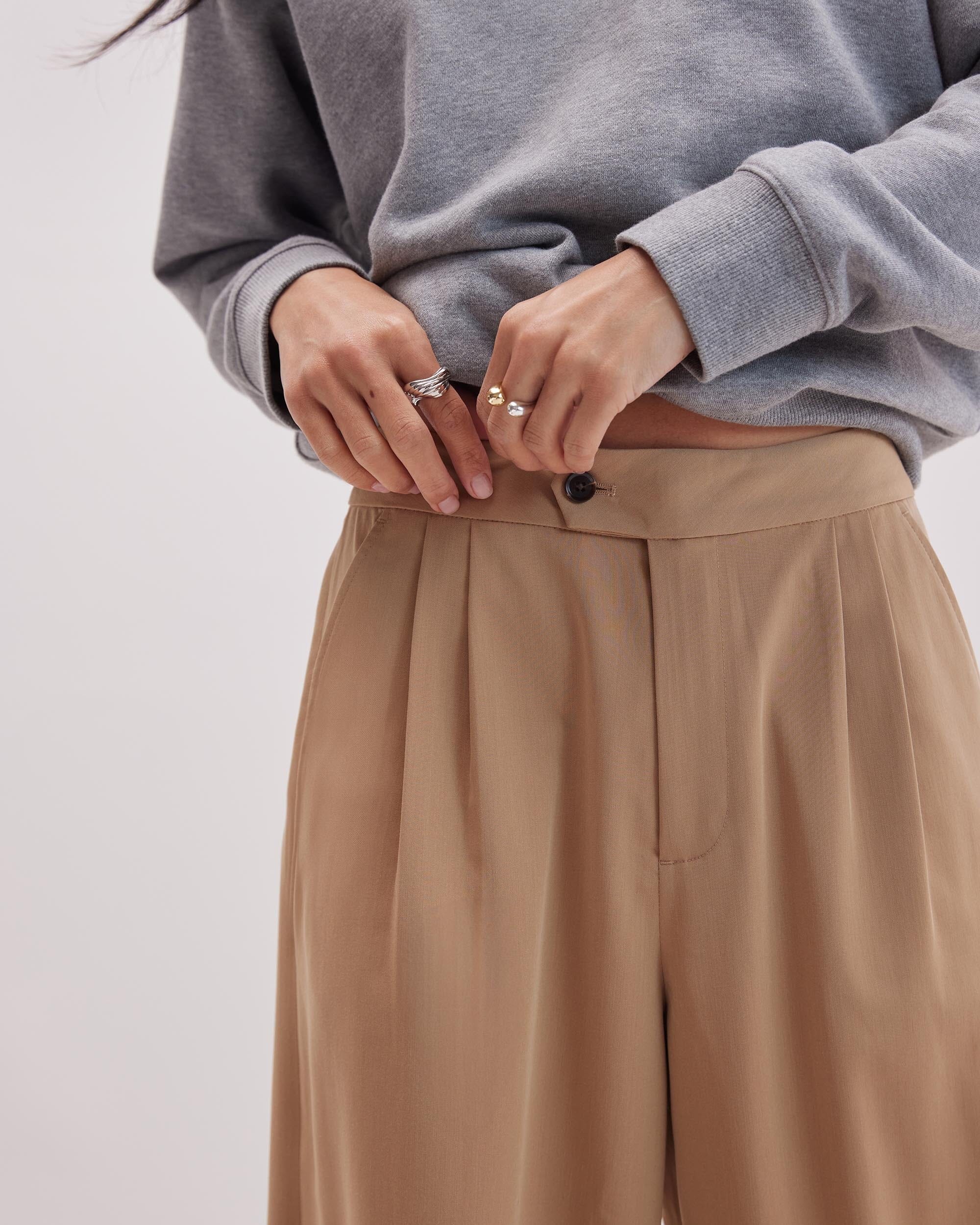 Andie Swim - Womens Sophia Fluid Wide Leg Trouser - Polyester Modal Twill - Khaki -