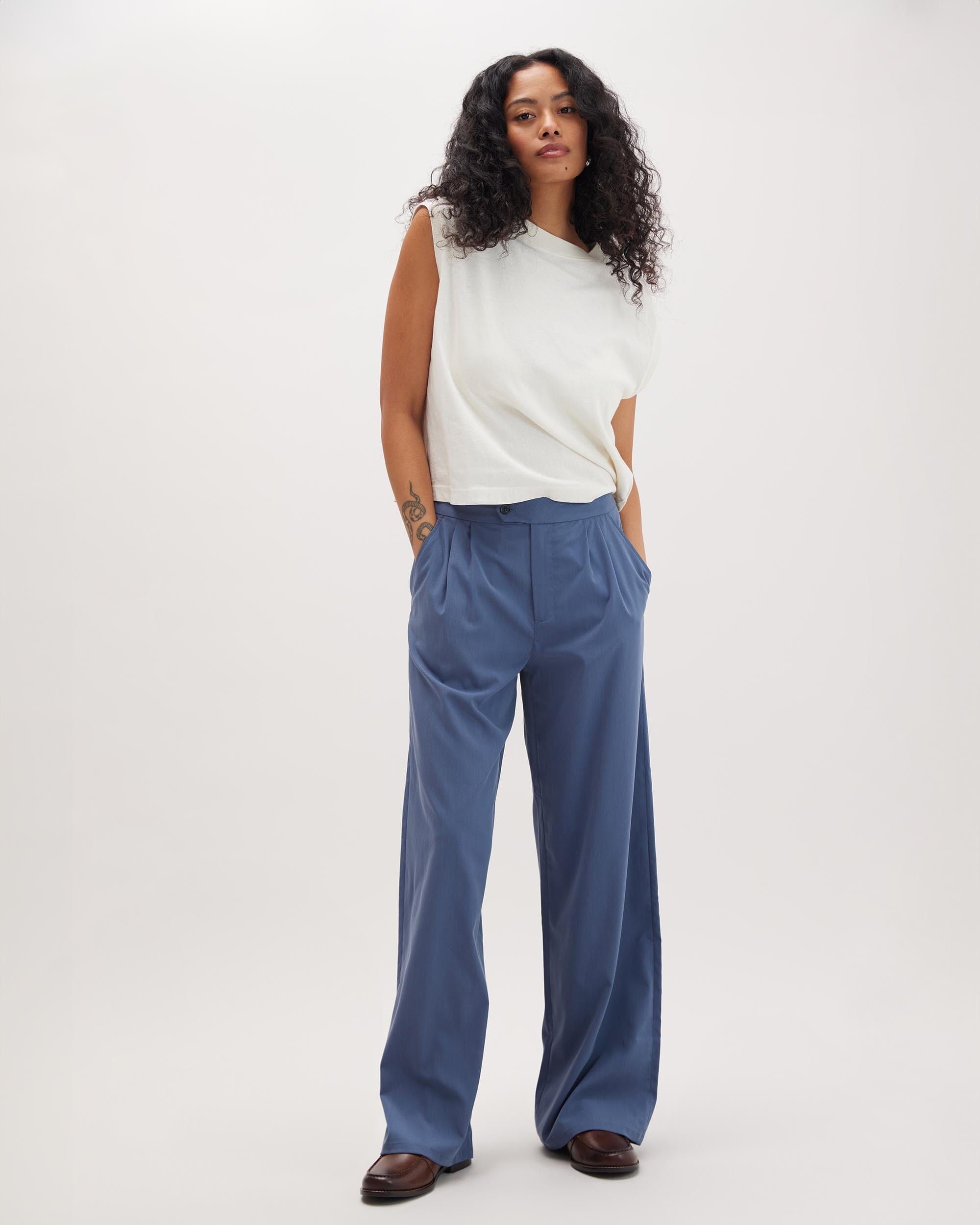 Andie Swim - Womens Sophia Fluid Wide Leg Trouser - Polyester Modal Twill - Vintage Indigo -