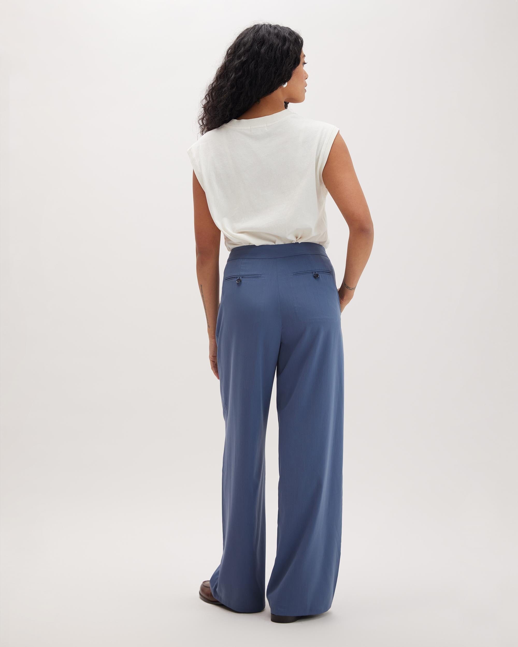 Andie Swim - Womens Sophia Fluid Wide Leg Trouser - Polyester Modal Twill - Vintage Indigo -