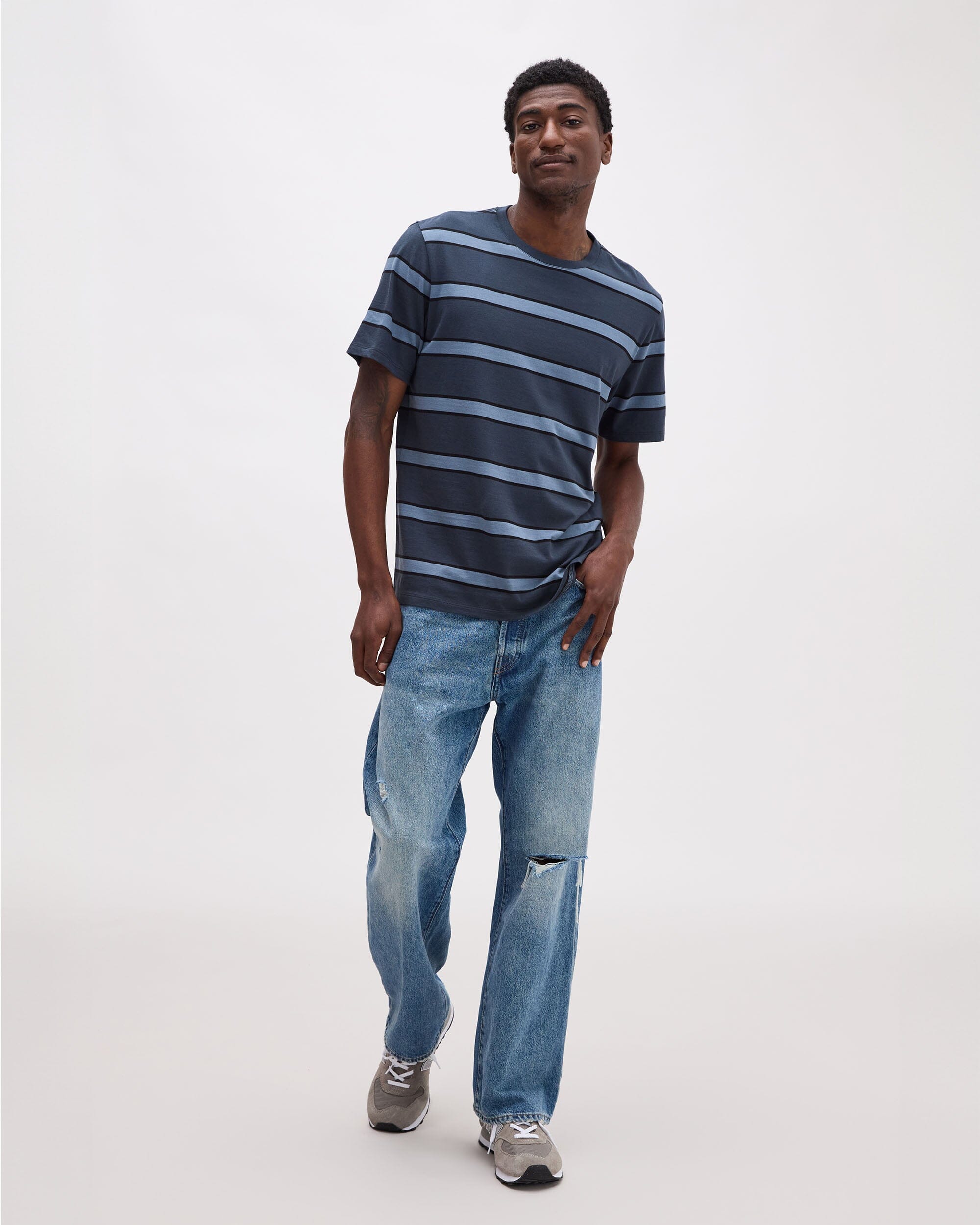 Andie Swim - Mens Short Sleeve Stripe Pima Tee - Pima Cotton Jersey - Blue Nights Stripe -