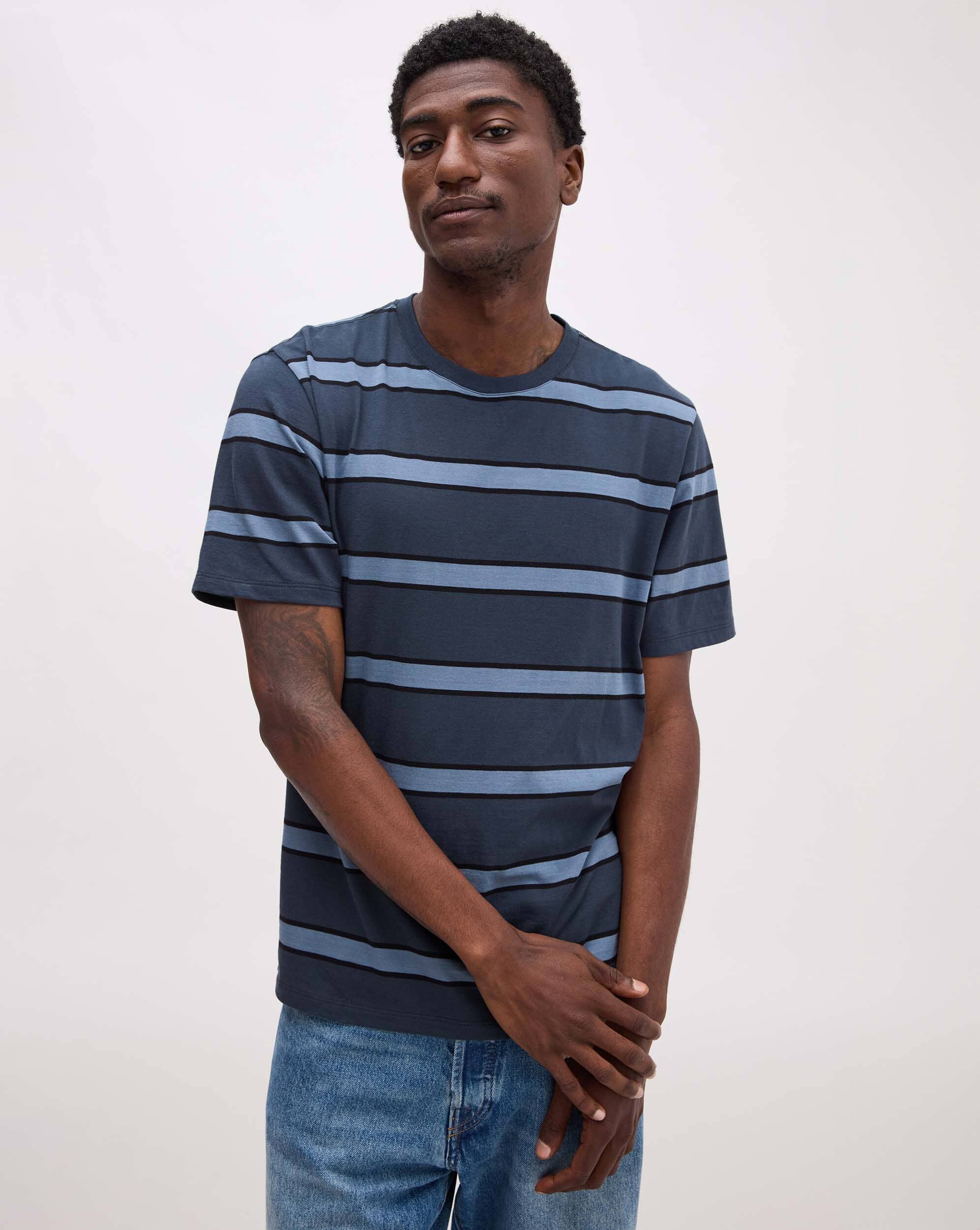Andie Swim - Mens Short Sleeve Stripe Pima Tee - Pima Cotton Jersey - Blue Nights Stripe - BLUE NIGHTS STRIPE