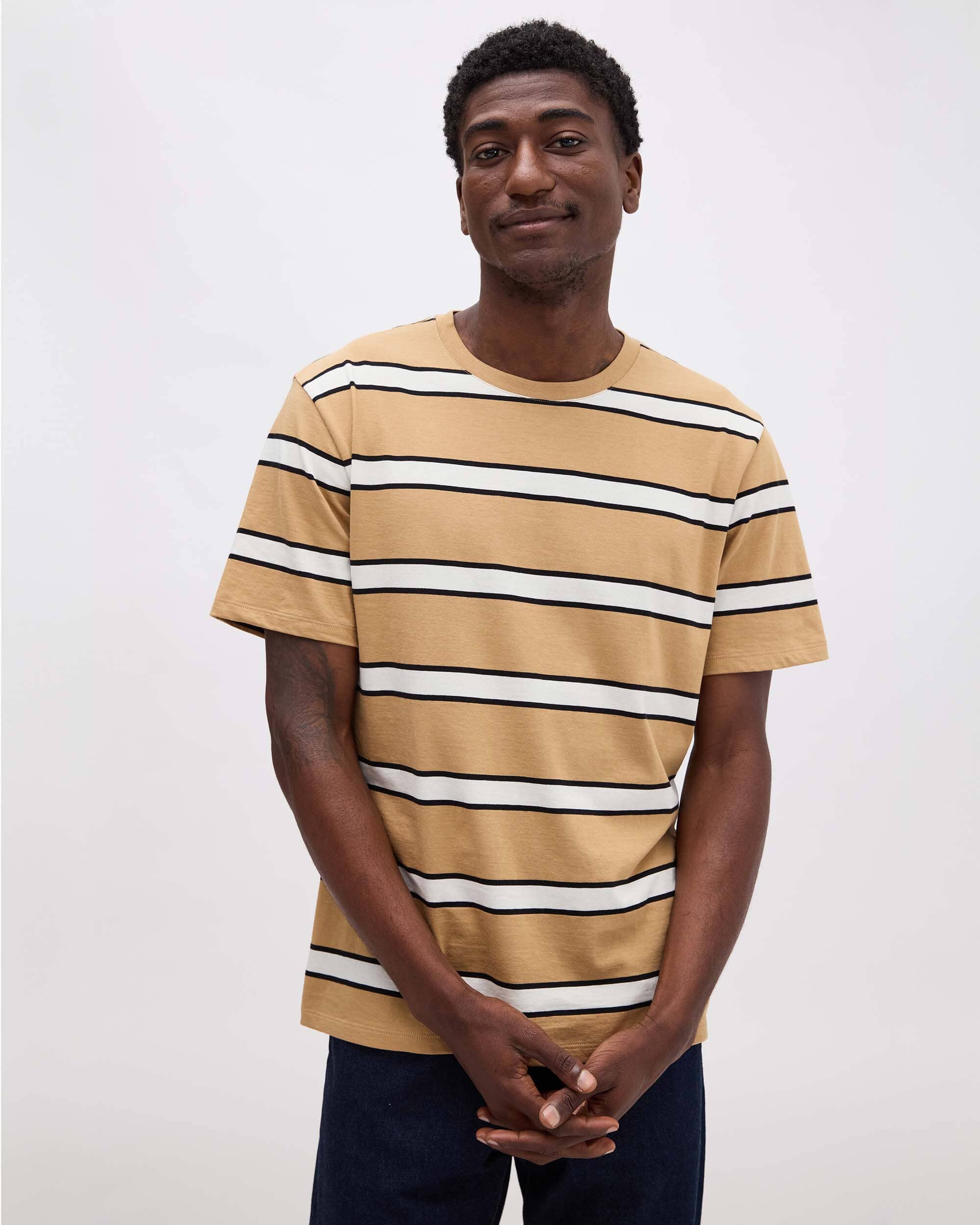 Andie Swim - Mens Short Sleeve Stripe Pima Tee - Pima Cotton Jersey - Khaki Stripe - KHAKI STRIPE