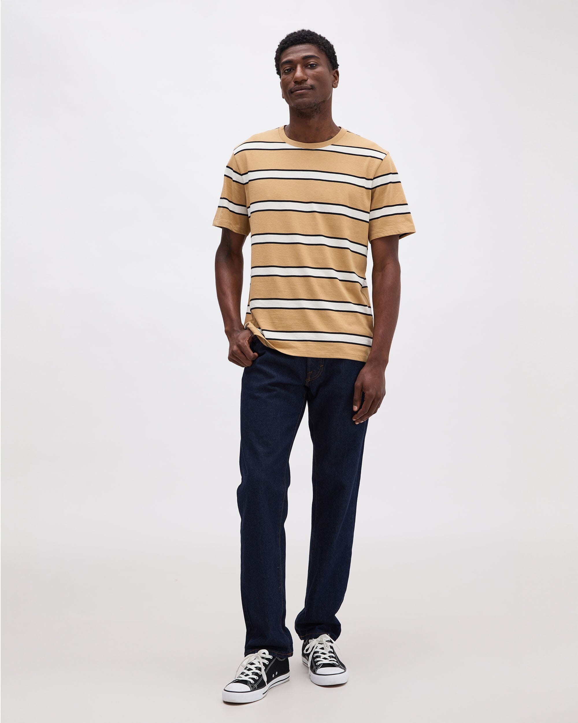 Andie Swim - Mens Short Sleeve Stripe Pima Tee - Pima Cotton Jersey - Khaki Stripe -