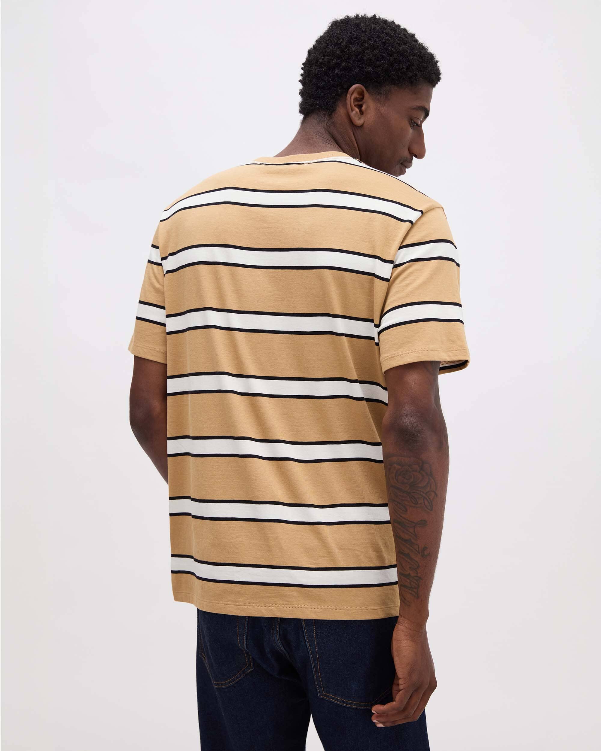 Andie Swim - Mens Short Sleeve Stripe Pima Tee - Pima Cotton Jersey - Khaki Stripe -