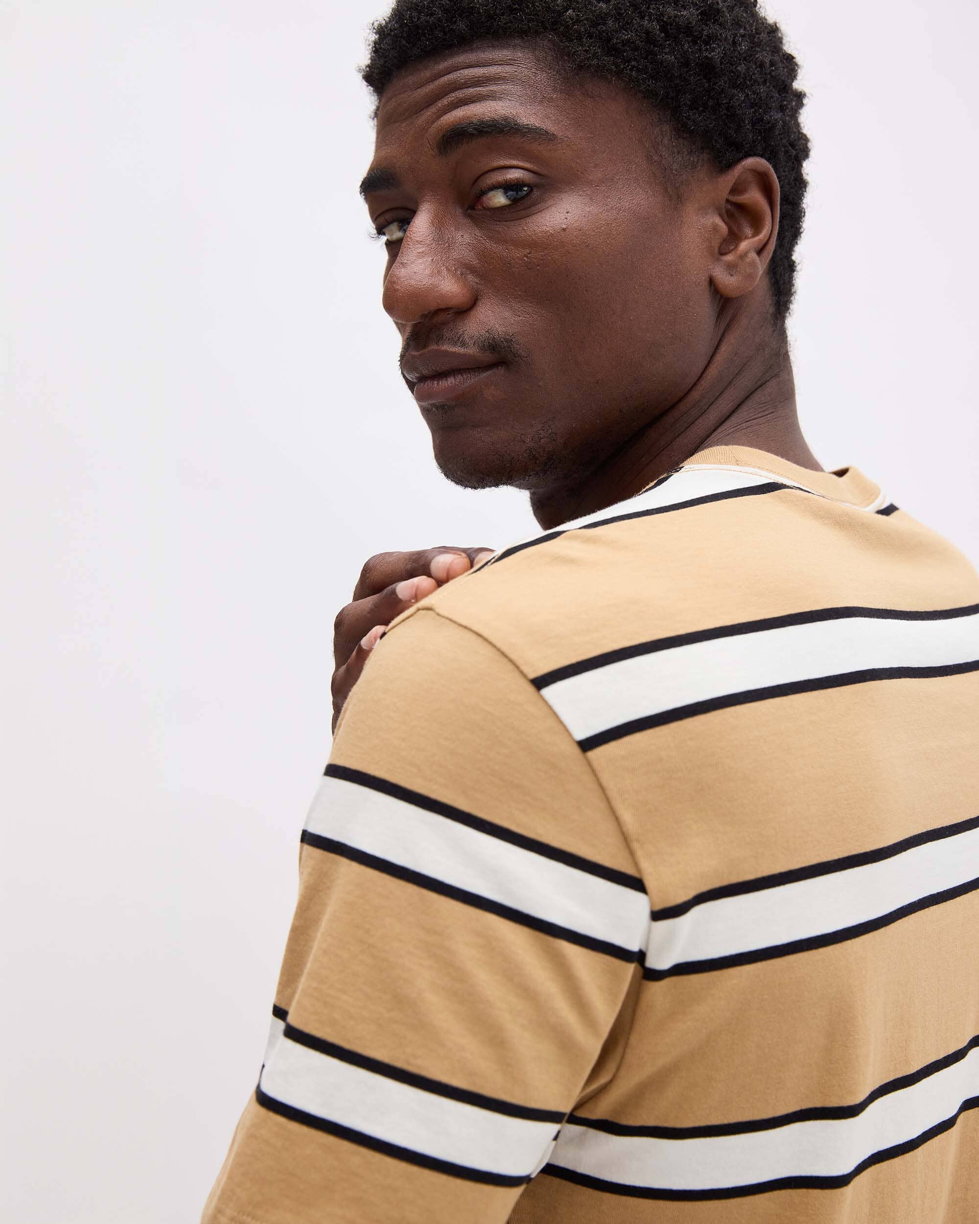 Andie Swim - Mens Short Sleeve Stripe Pima Tee - Pima Cotton Jersey - Khaki Stripe -