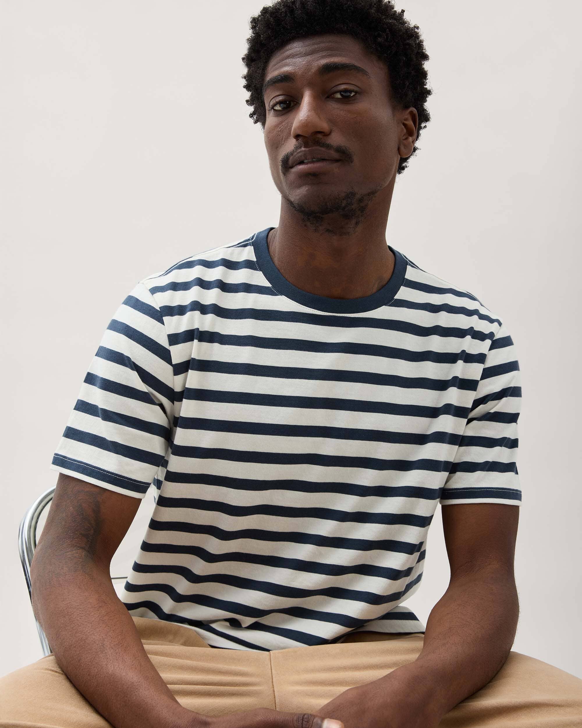 Andie Swim - Mens Short Sleeve Stripe Pima Tee - Pima Cotton Jersey - Nautical Stripe - NAUTICAL STRIPE