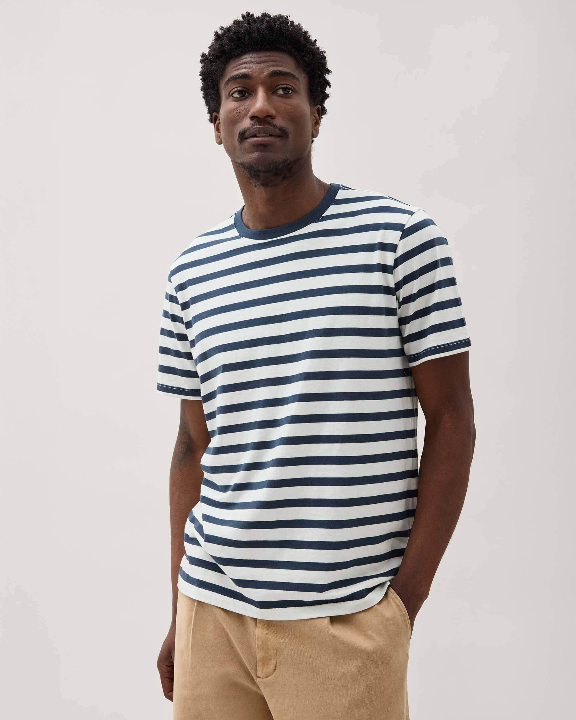 Andie Swim - Mens Short Sleeve Stripe Pima Tee - Pima Cotton Jersey - Nautical Stripe -