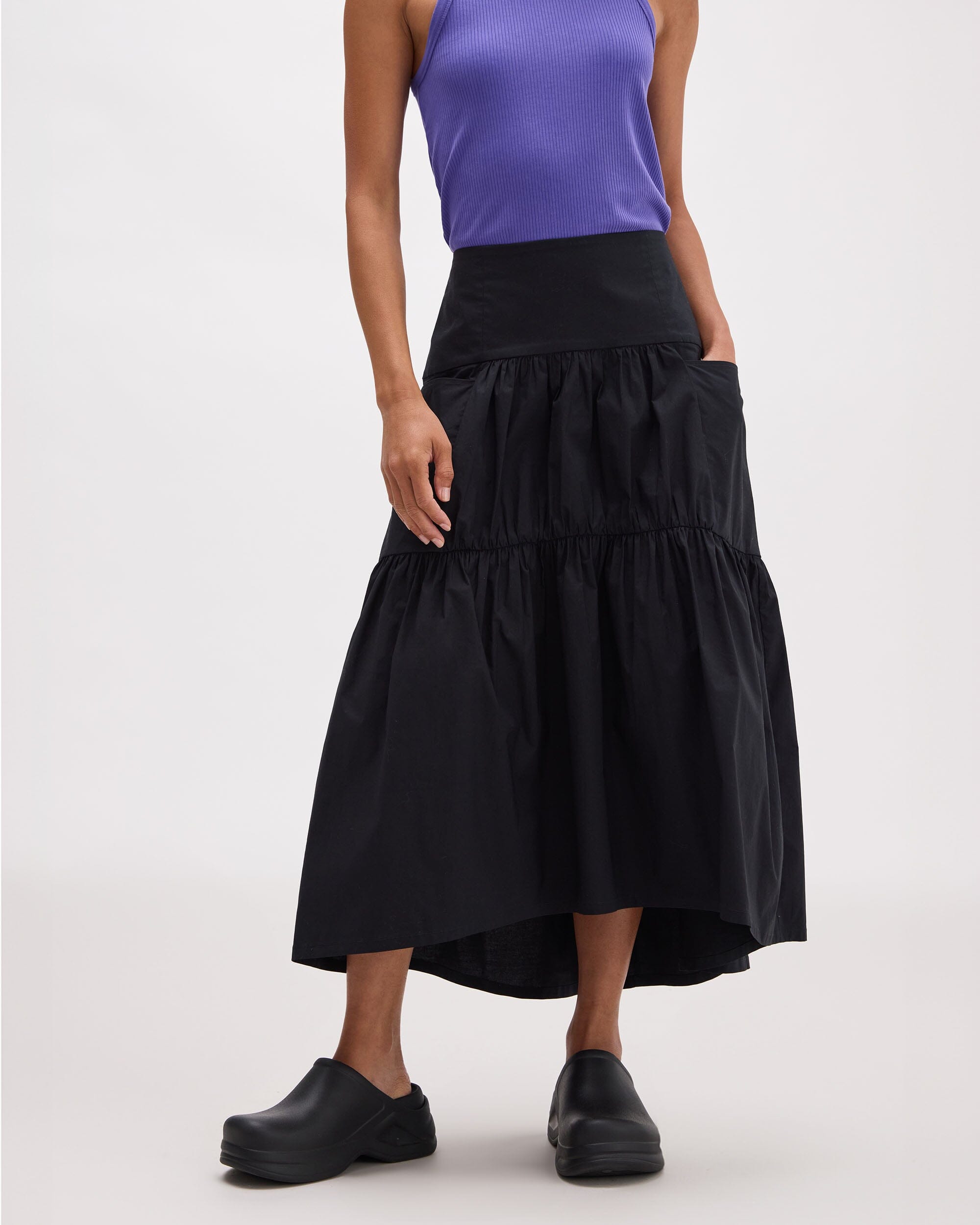 Andie Swim - Womens Stevie Tiered Maxi Skirt - Cotton Poplin - Black -
