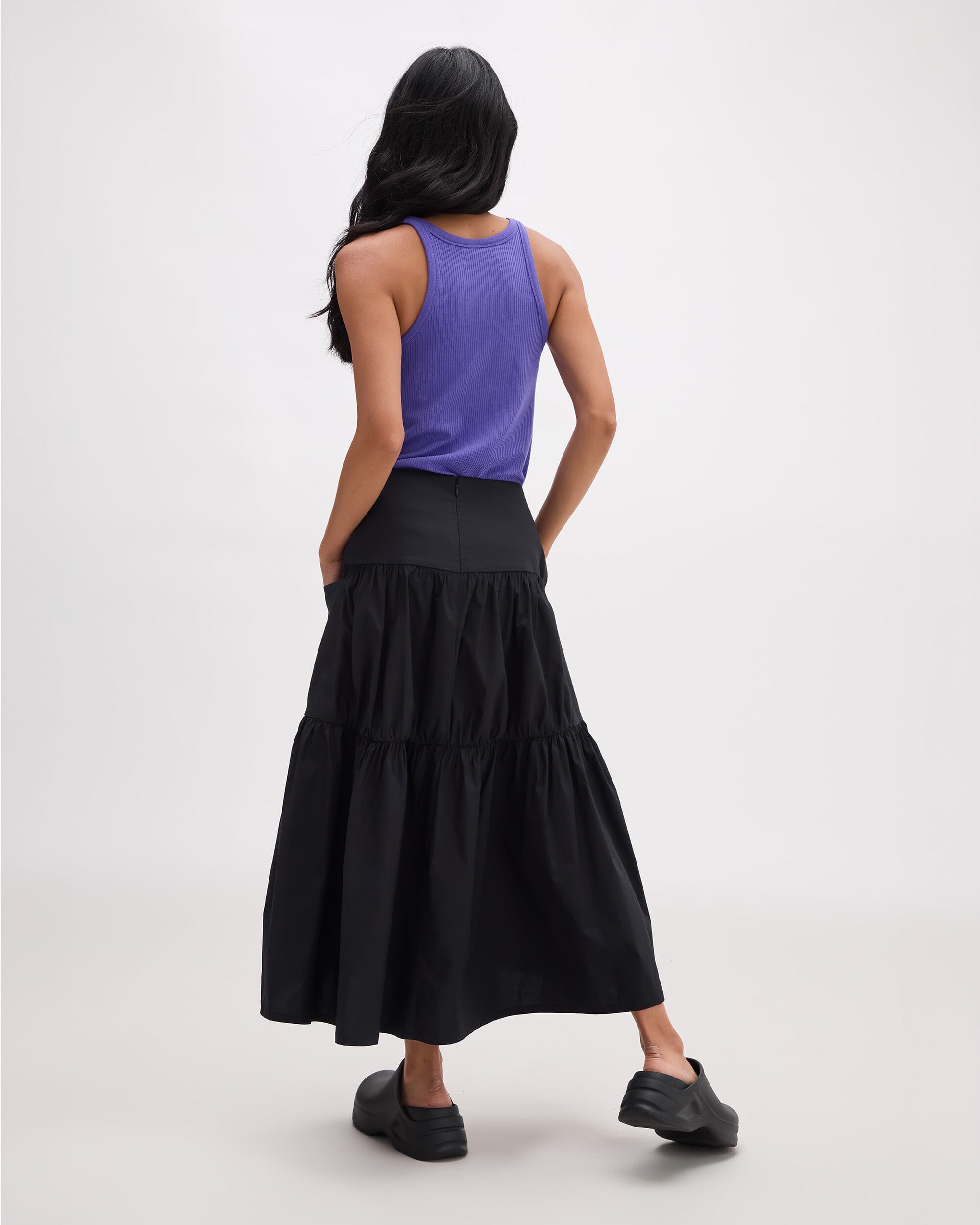 Andie Swim - Womens Stevie Tiered Maxi Skirt - Cotton Poplin - Black -