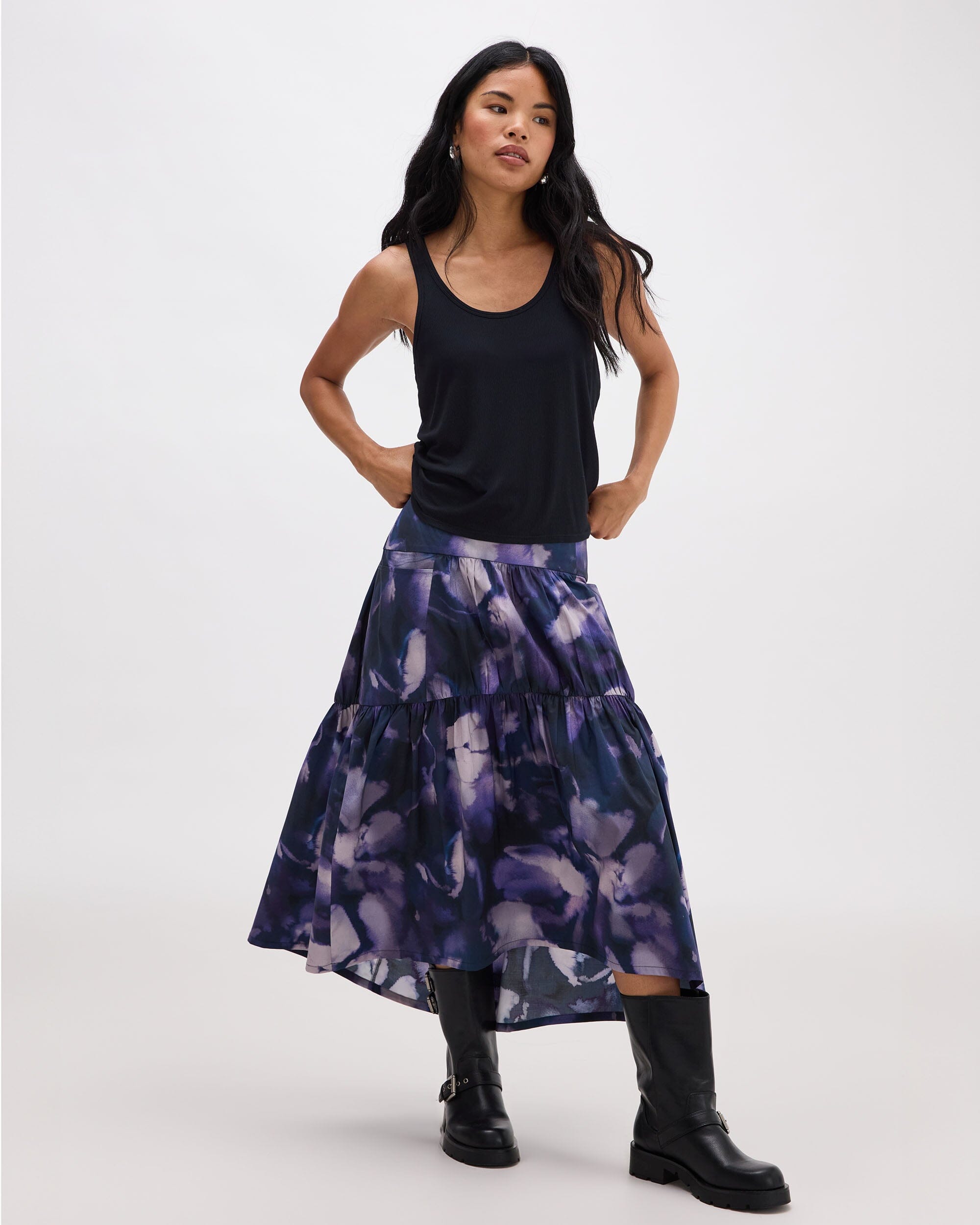 Andie Swim - Womens Stevie Tiered Maxi Skirt - Cotton Poplin - Purple Ghost Floral -