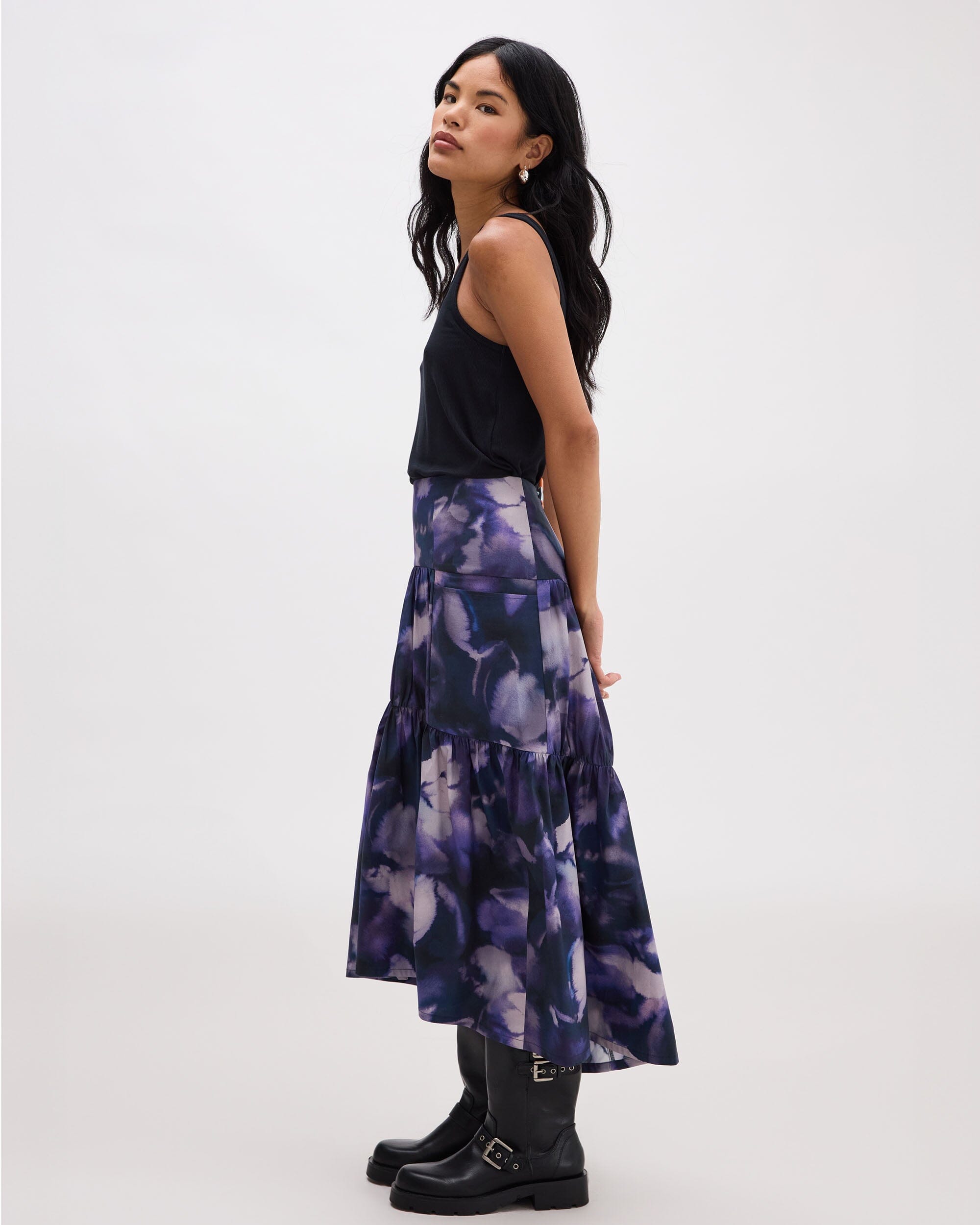 Andie Swim - Womens Stevie Tiered Maxi Skirt - Cotton Poplin - Purple Ghost Floral -