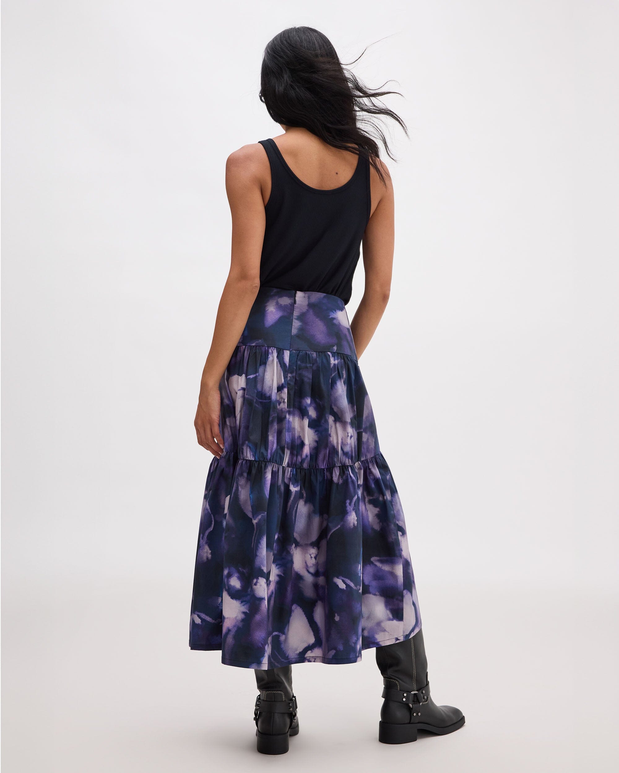 Andie Swim - Womens Stevie Tiered Maxi Skirt - Cotton Poplin - Purple Ghost Floral -