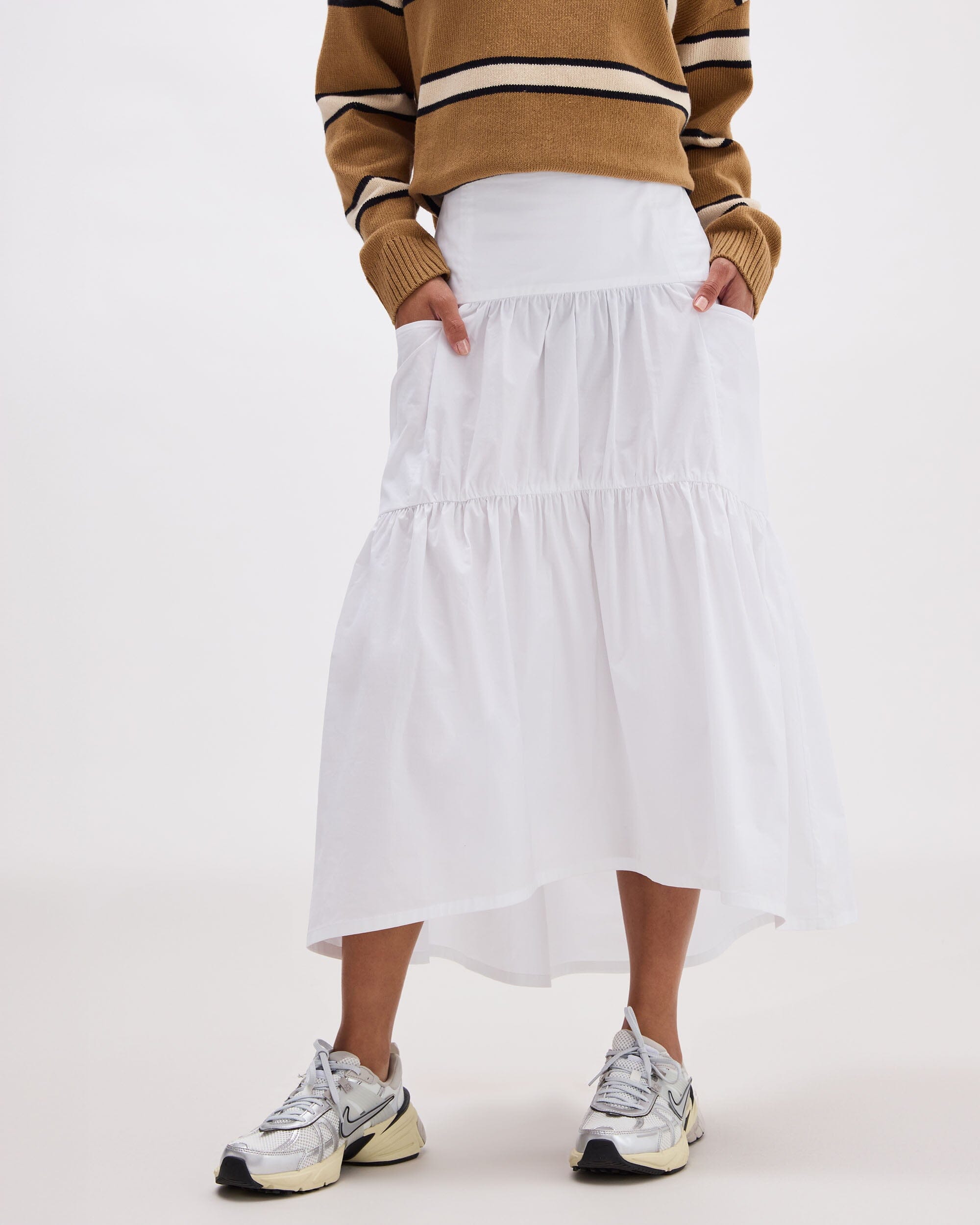 Andie Swim - Womens Stevie Tiered Maxi Skirt - Cotton Poplin - White -