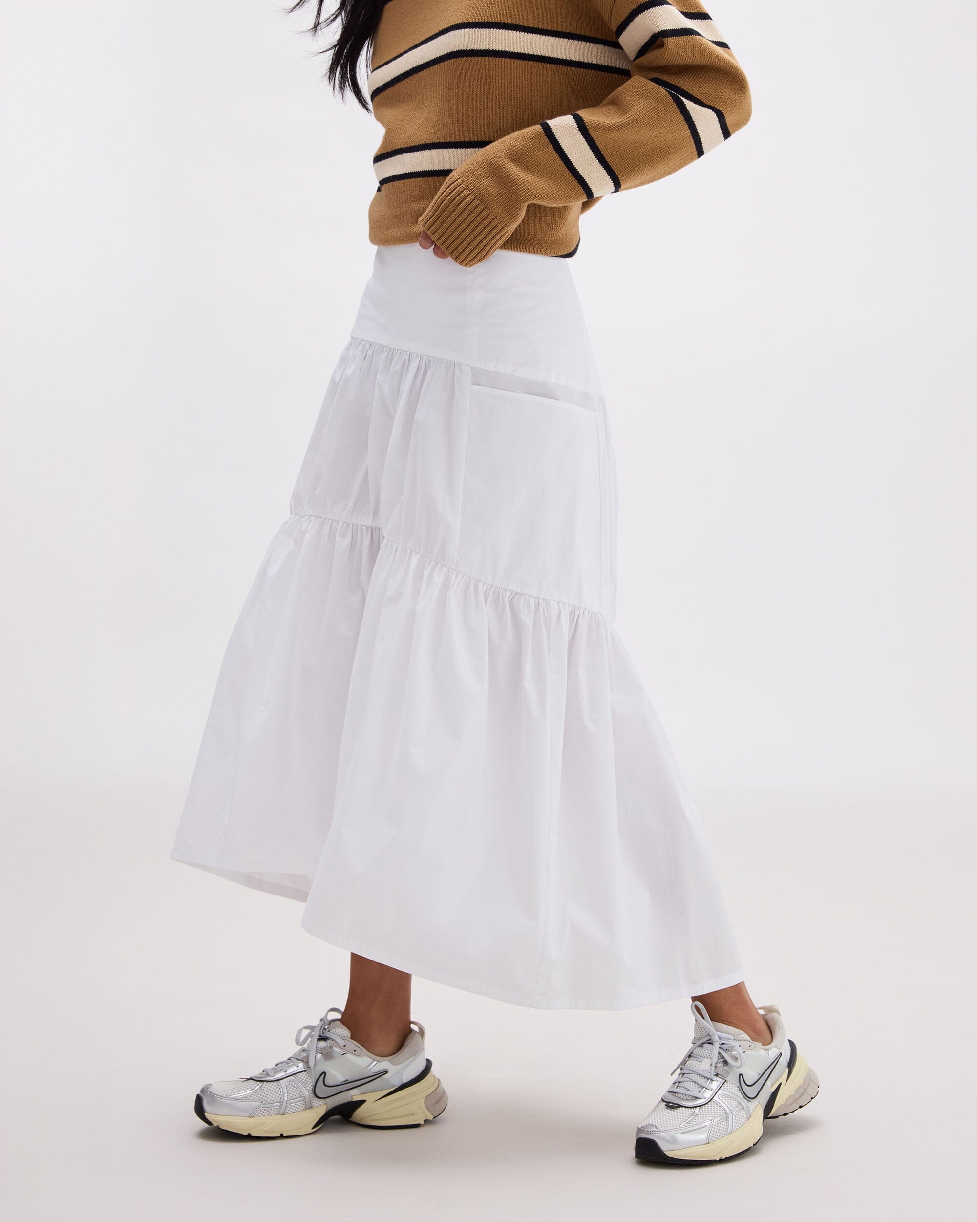 Andie Swim - Womens Stevie Tiered Maxi Skirt - Cotton Poplin - White - WHITE