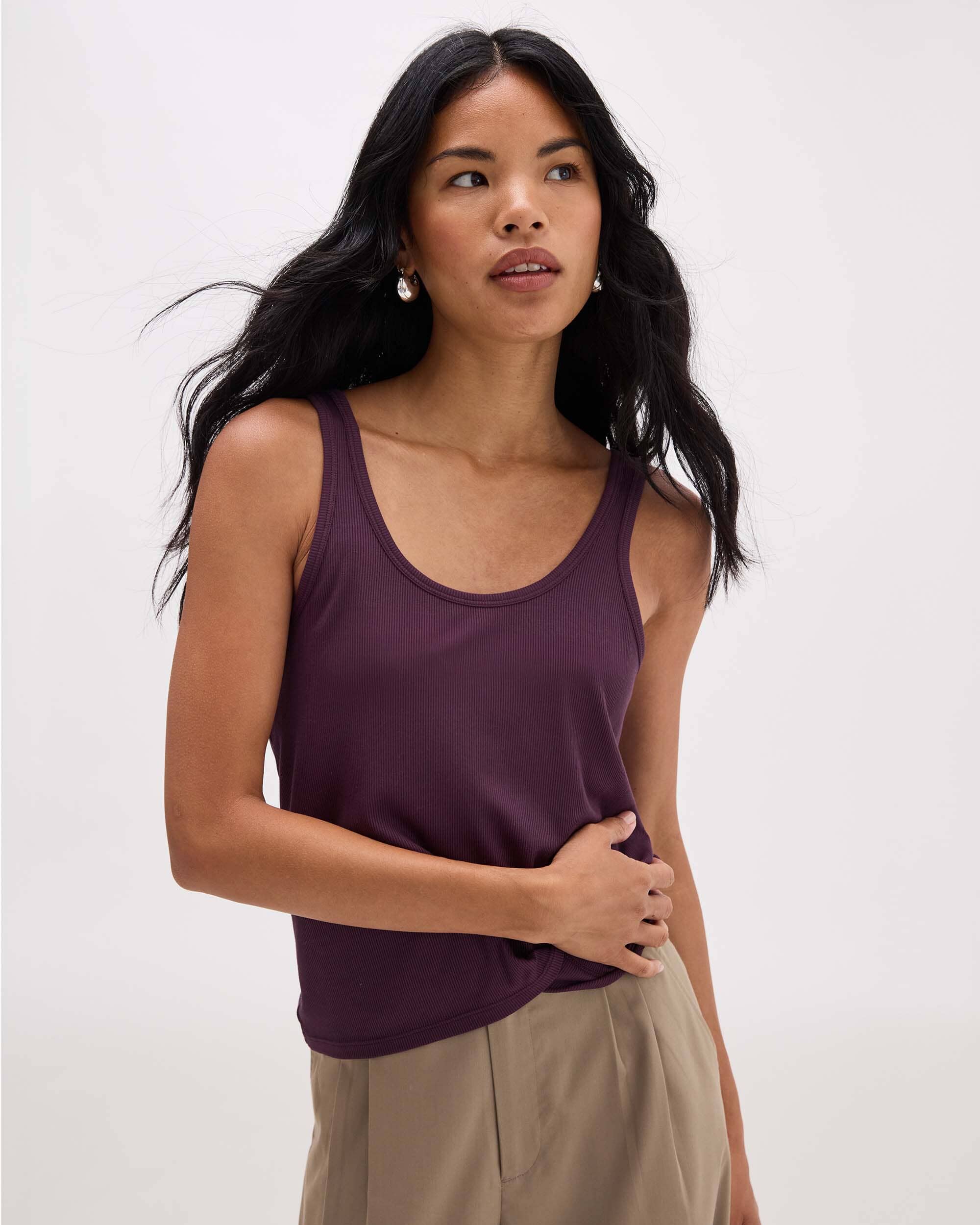 Andie Swim - Womens Baby Rib Scoop Tank - Baby Rib Knit - Plum Wine - PLUM WINE