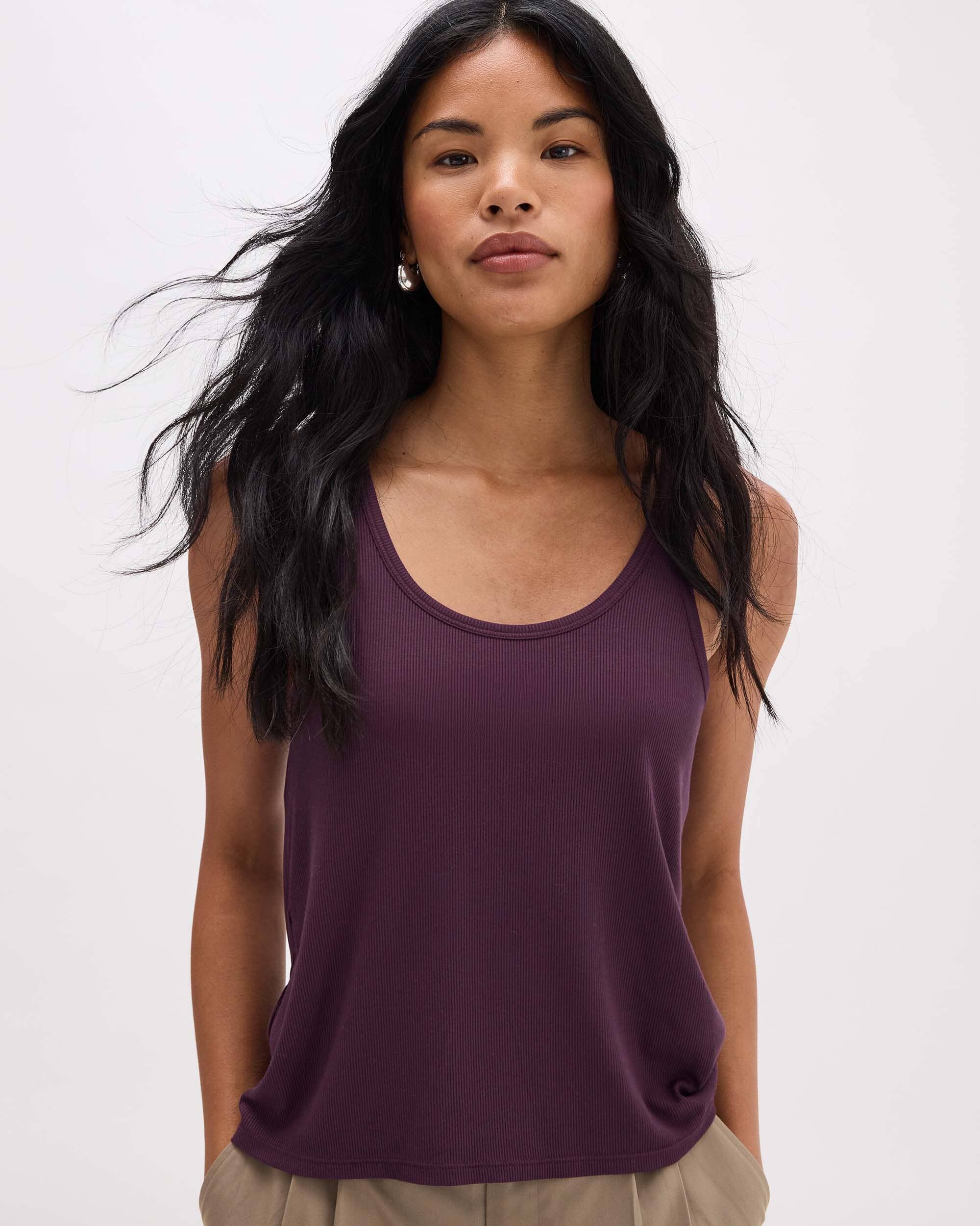 Andie Swim - Womens Baby Rib Scoop Tank - Baby Rib Knit - Plum Wine -