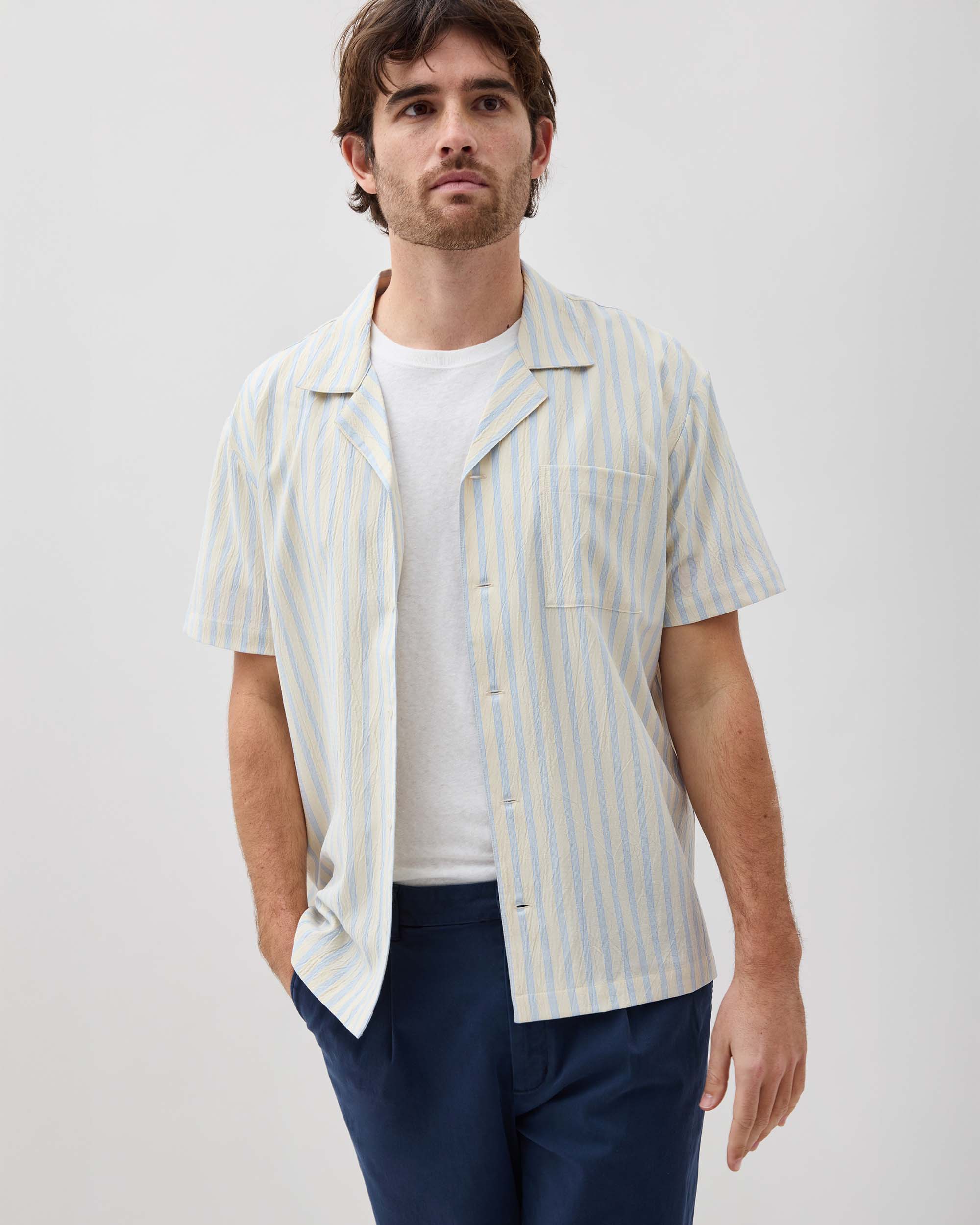 Andie Swim - Mens Palermo Short Sleeve Camp Shirt - Poly Seer Sucker Stripe - Vanilla Blue Stripe - VANILLA BLUE STRIPE