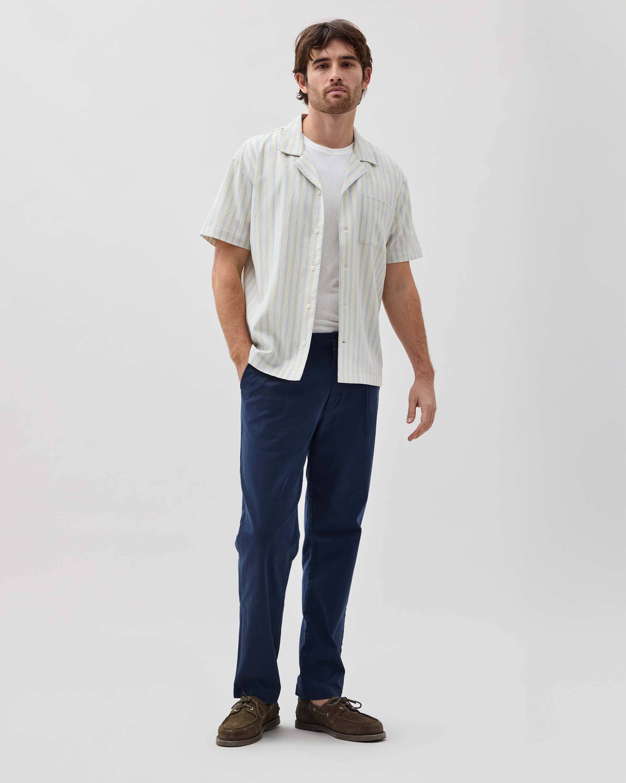Andie Swim - Mens Palermo Short Sleeve Camp Shirt - Poly Seer Sucker Stripe - Vanilla Blue Stripe -