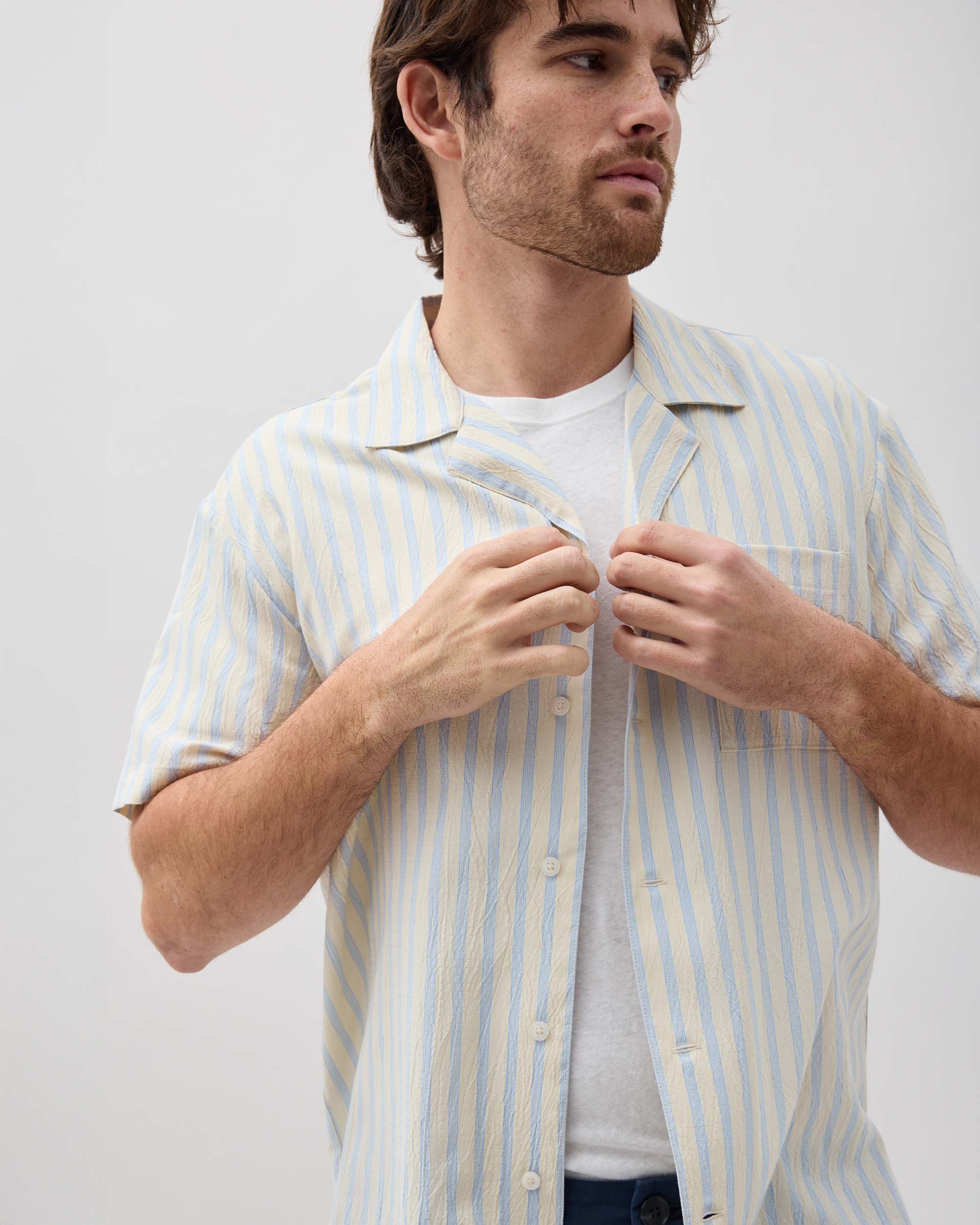 Andie Swim - Mens Palermo Short Sleeve Camp Shirt - Poly Seer Sucker Stripe - Vanilla Blue Stripe -