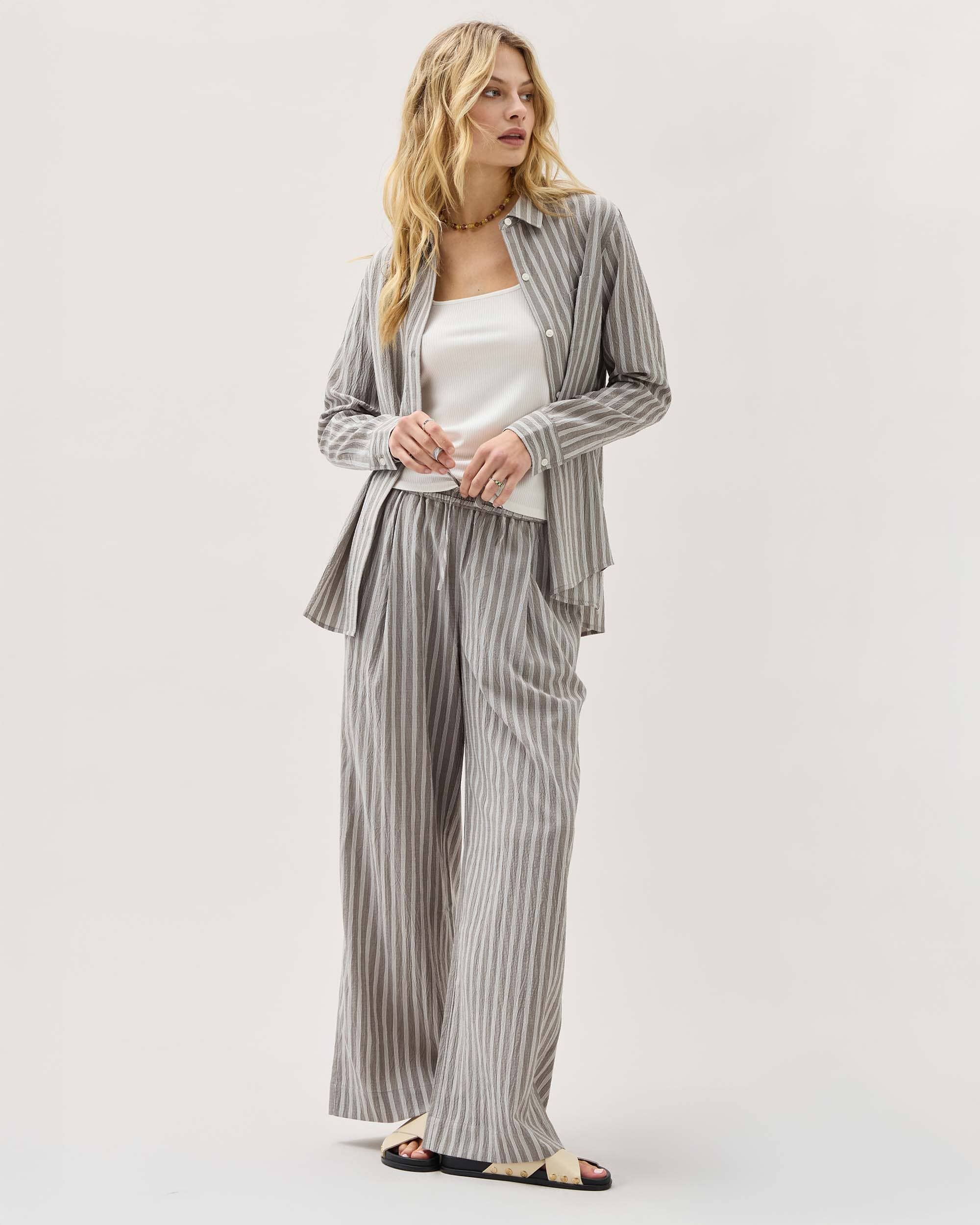 Andie Swim - Womens Palermo Pant - Poly Seer Sucker Stripe - Black Stripe - BLACK WHITE STRIPE