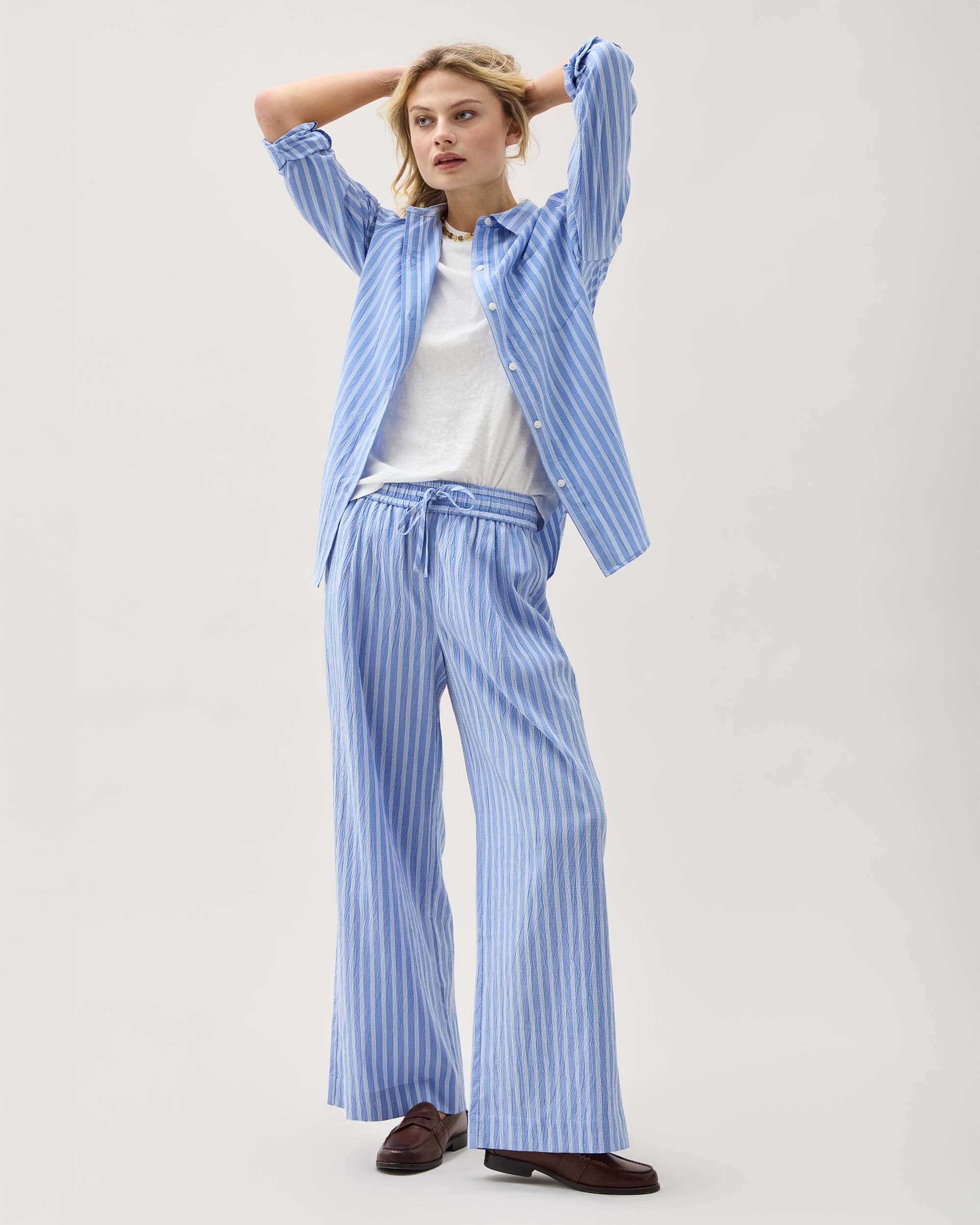 Andie Swim - Womens Palermo Pant - Poly Seer Sucker Stripe - Oxford Blue Stripe - OXFORD BLUE STRIPE