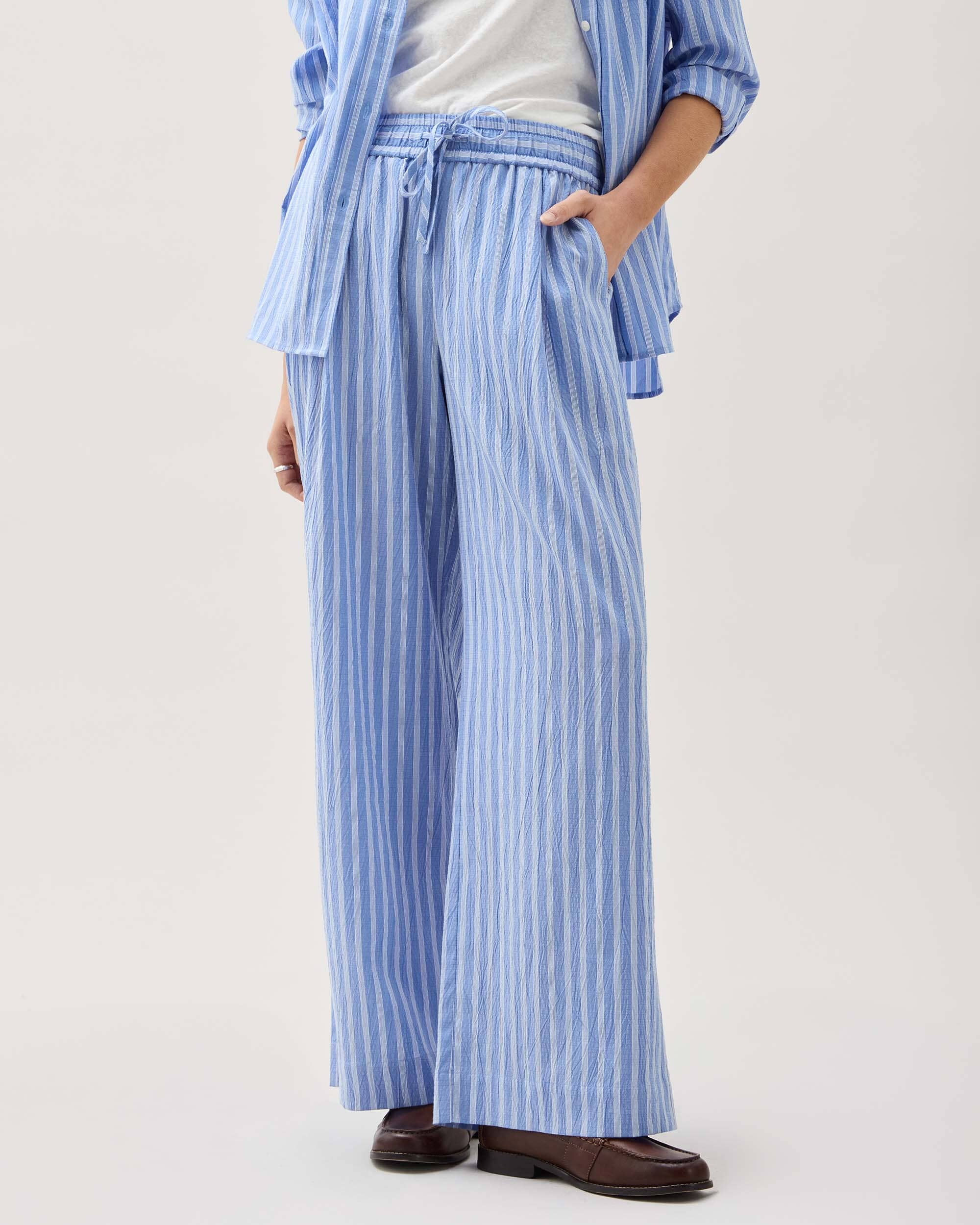 Andie Swim - Womens Palermo Pant - Poly Seer Sucker Stripe - Oxford Blue Stripe -