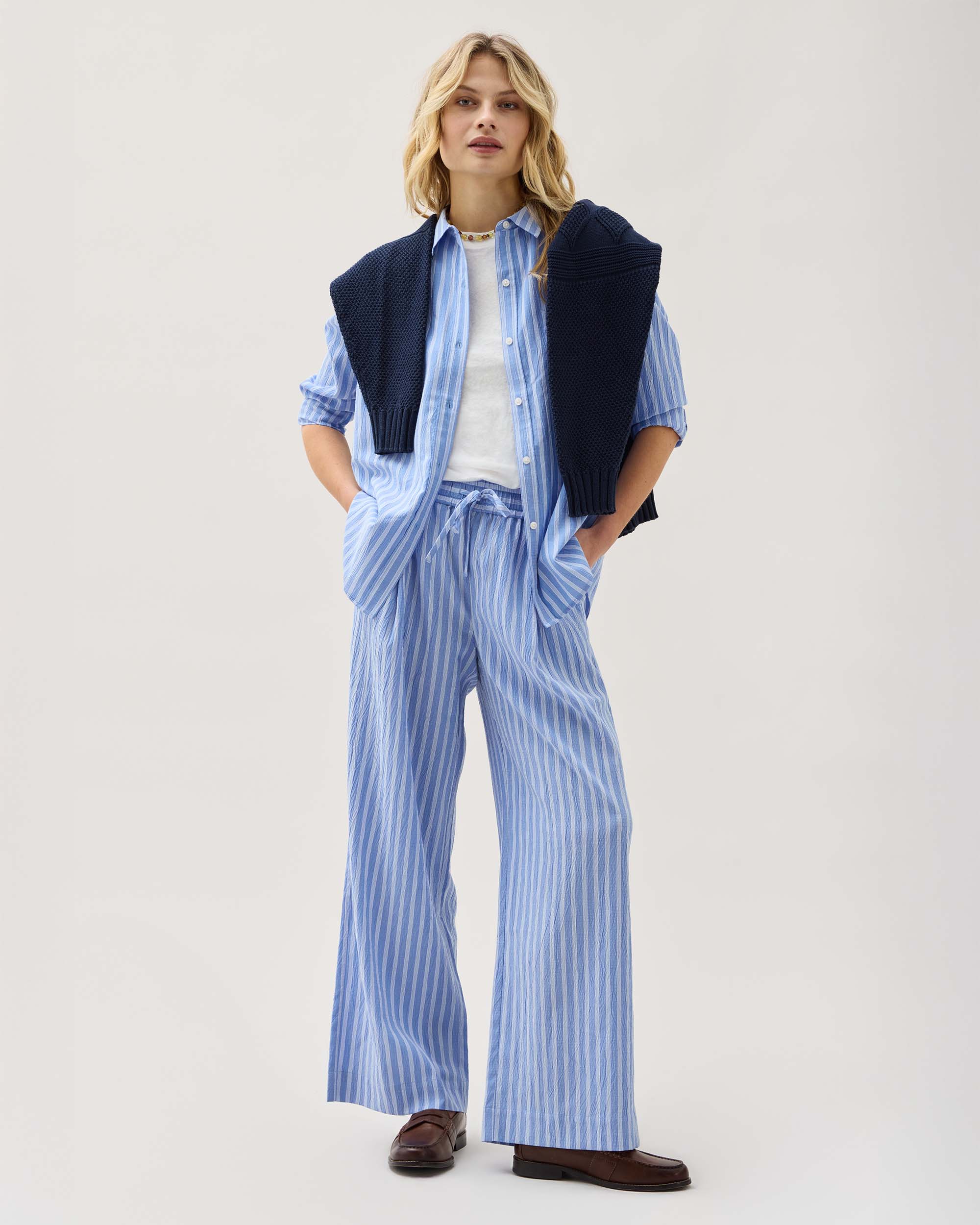 Andie Swim - Womens Palermo Pant - Poly Seer Sucker Stripe - Oxford Blue Stripe -