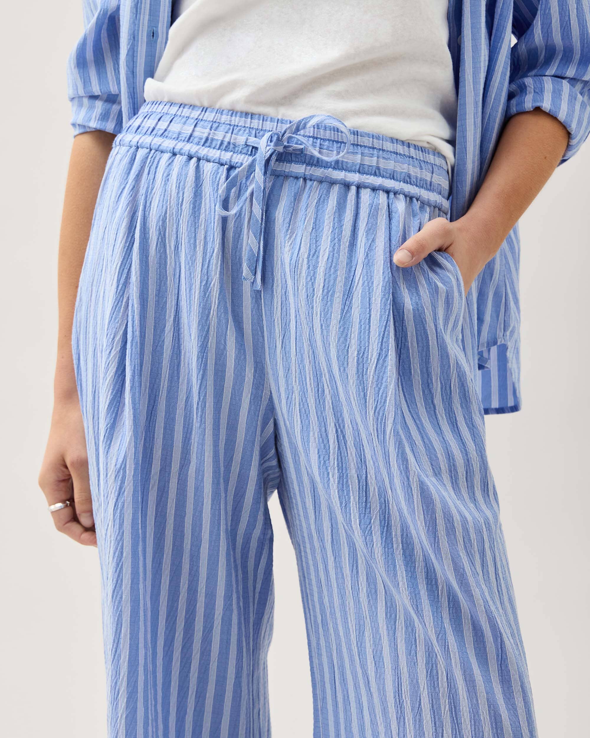 Andie Swim - Womens Palermo Pant - Poly Seer Sucker Stripe - Oxford Blue Stripe -