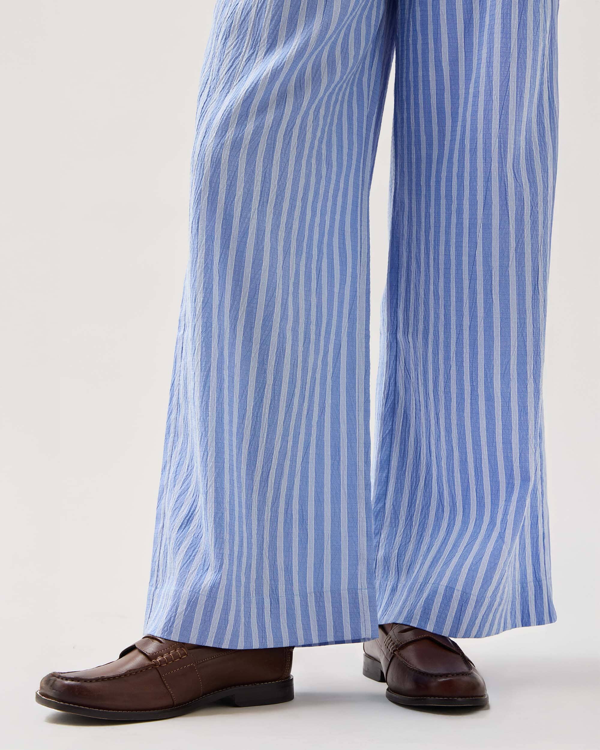 Andie Swim - Womens Palermo Pant - Poly Seer Sucker Stripe - Oxford Blue Stripe -