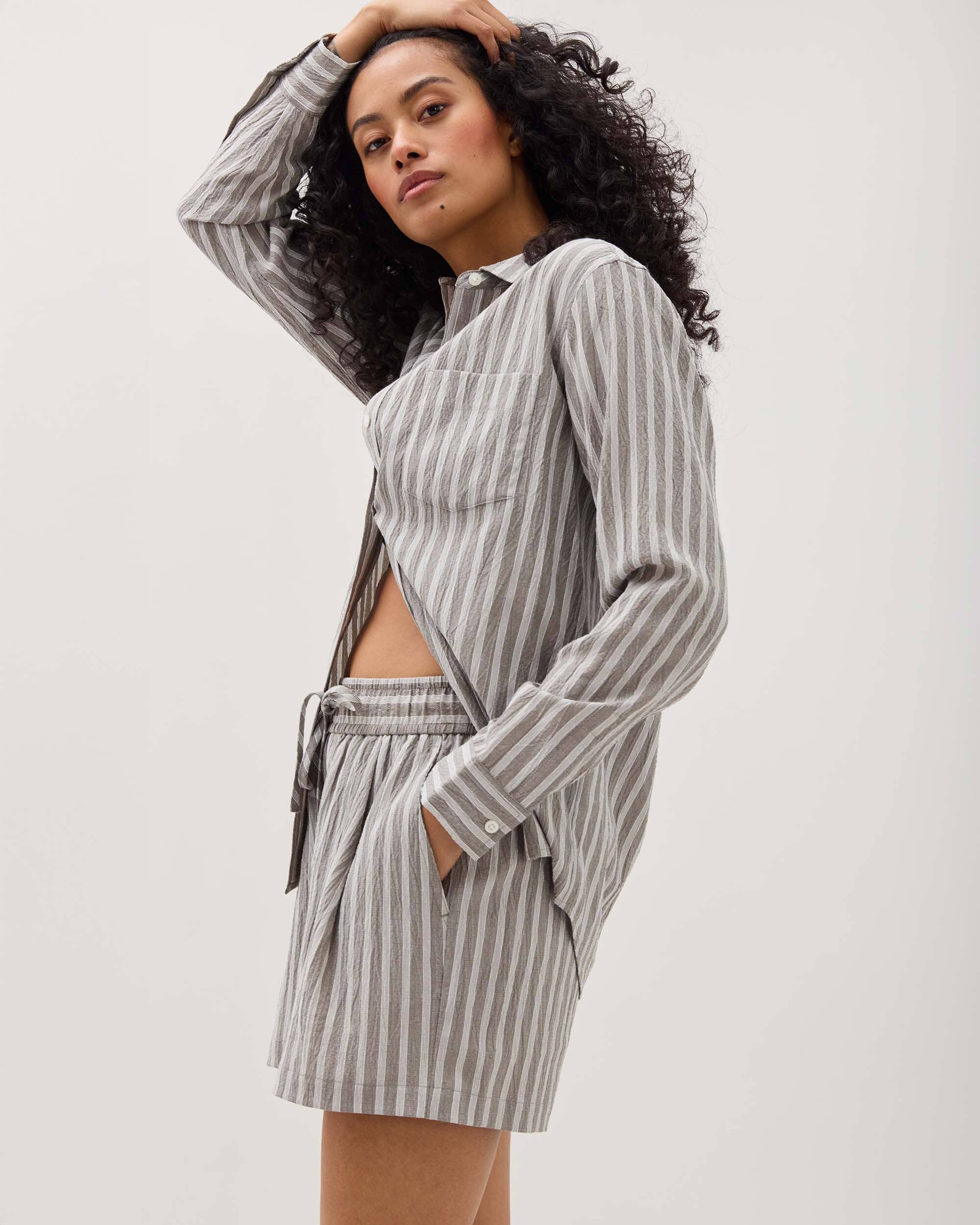 Andie Swim - Womens Palermo Short - Poly Seer Sucker Stripe - Black / White Stripe - BLACK WHITE STRIPE