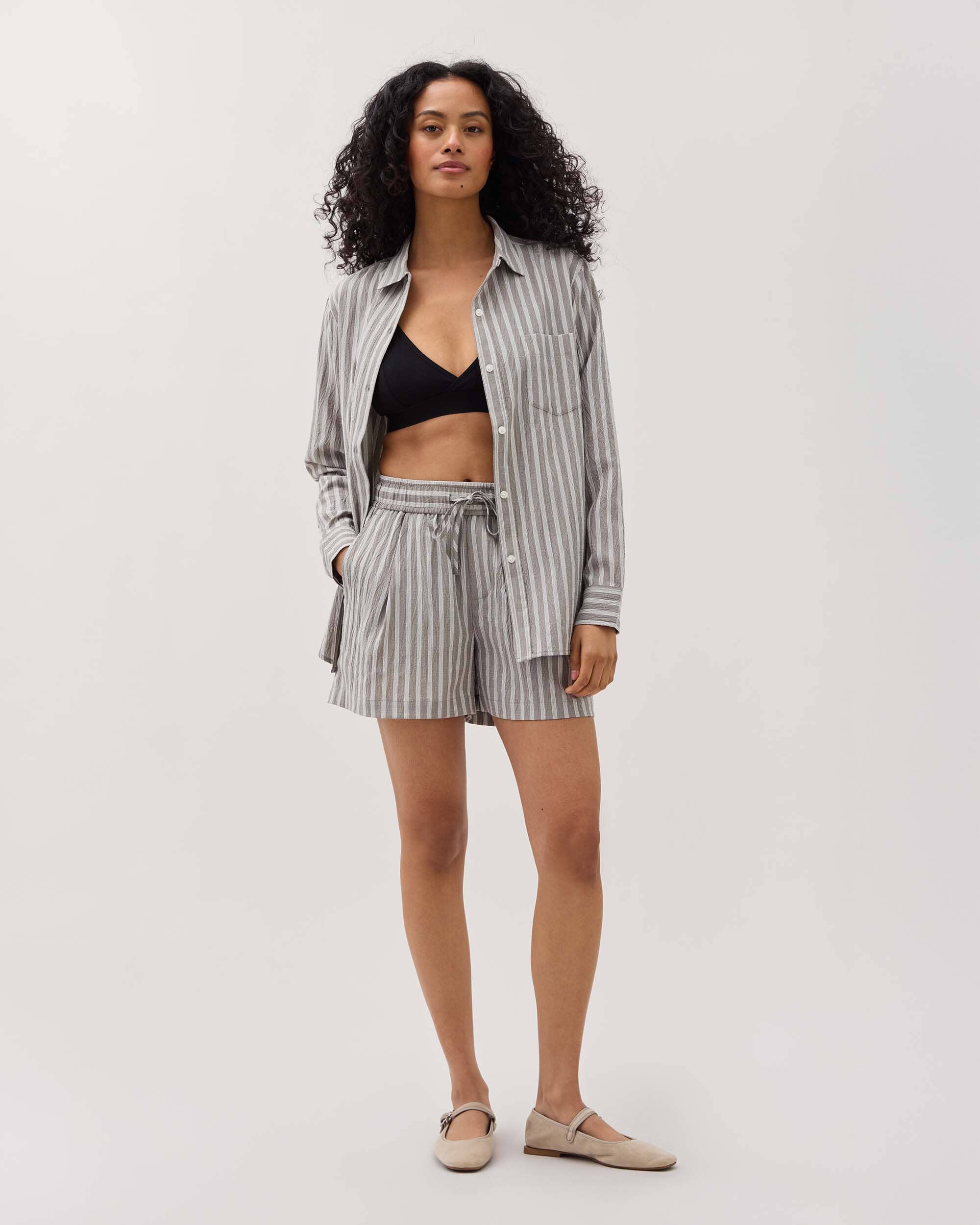 Andie Swim - Womens Palermo Short - Poly Seer Sucker Stripe - Black / White Stripe -
