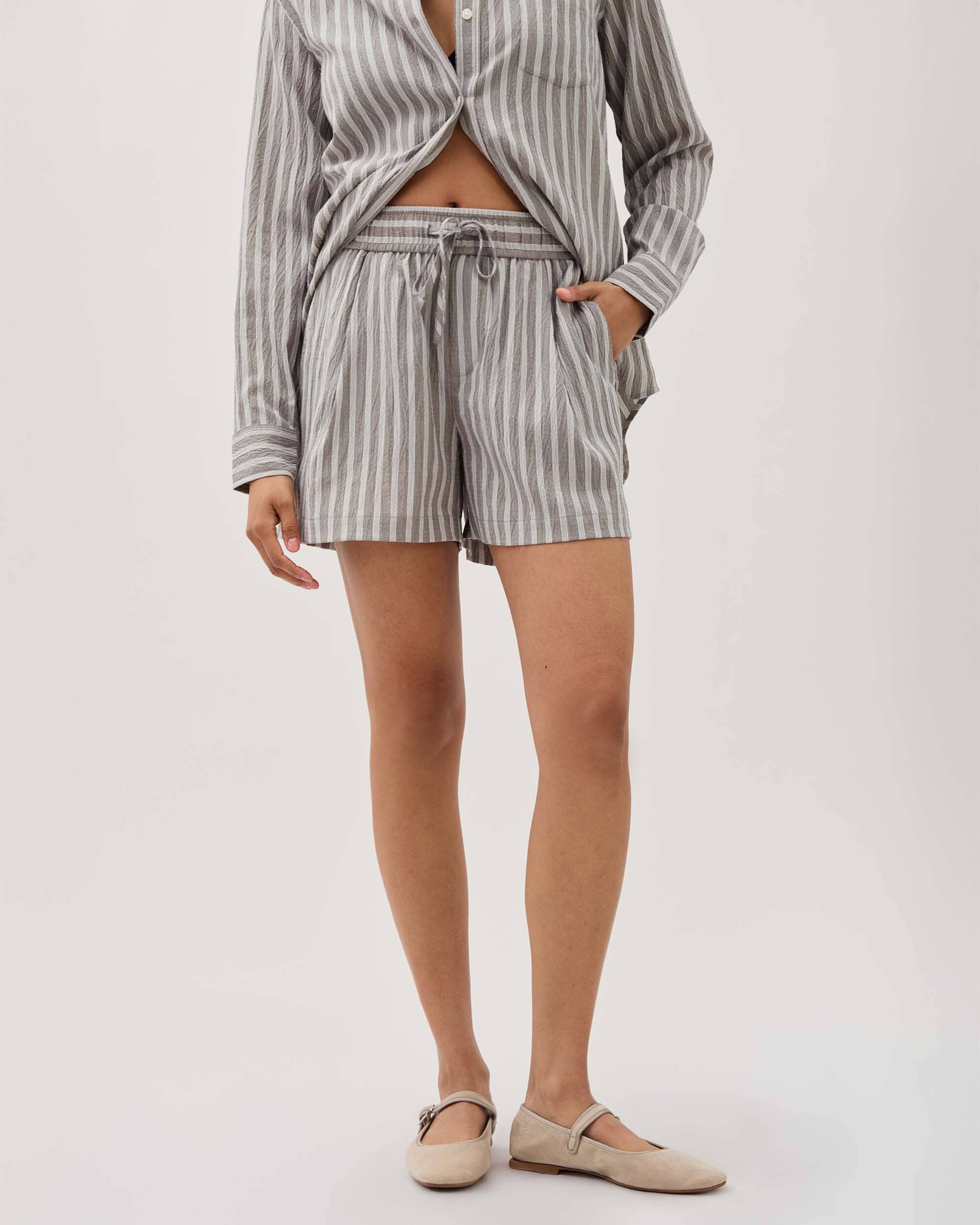 Andie Swim - Womens Palermo Short - Poly Seer Sucker Stripe - Black / White Stripe -