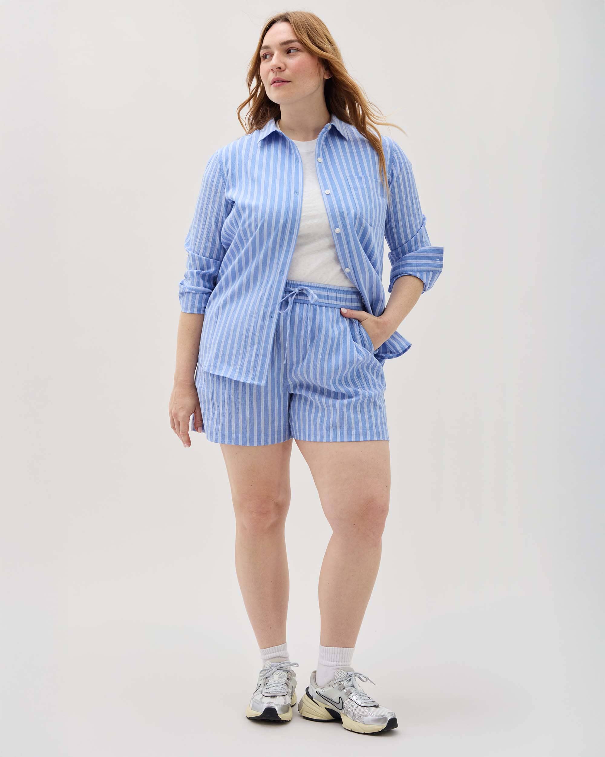 Andie Swim - Womens Palermo Short - Poly Seer Sucker Stripe - Blue Stripe - BLUE STRIPE