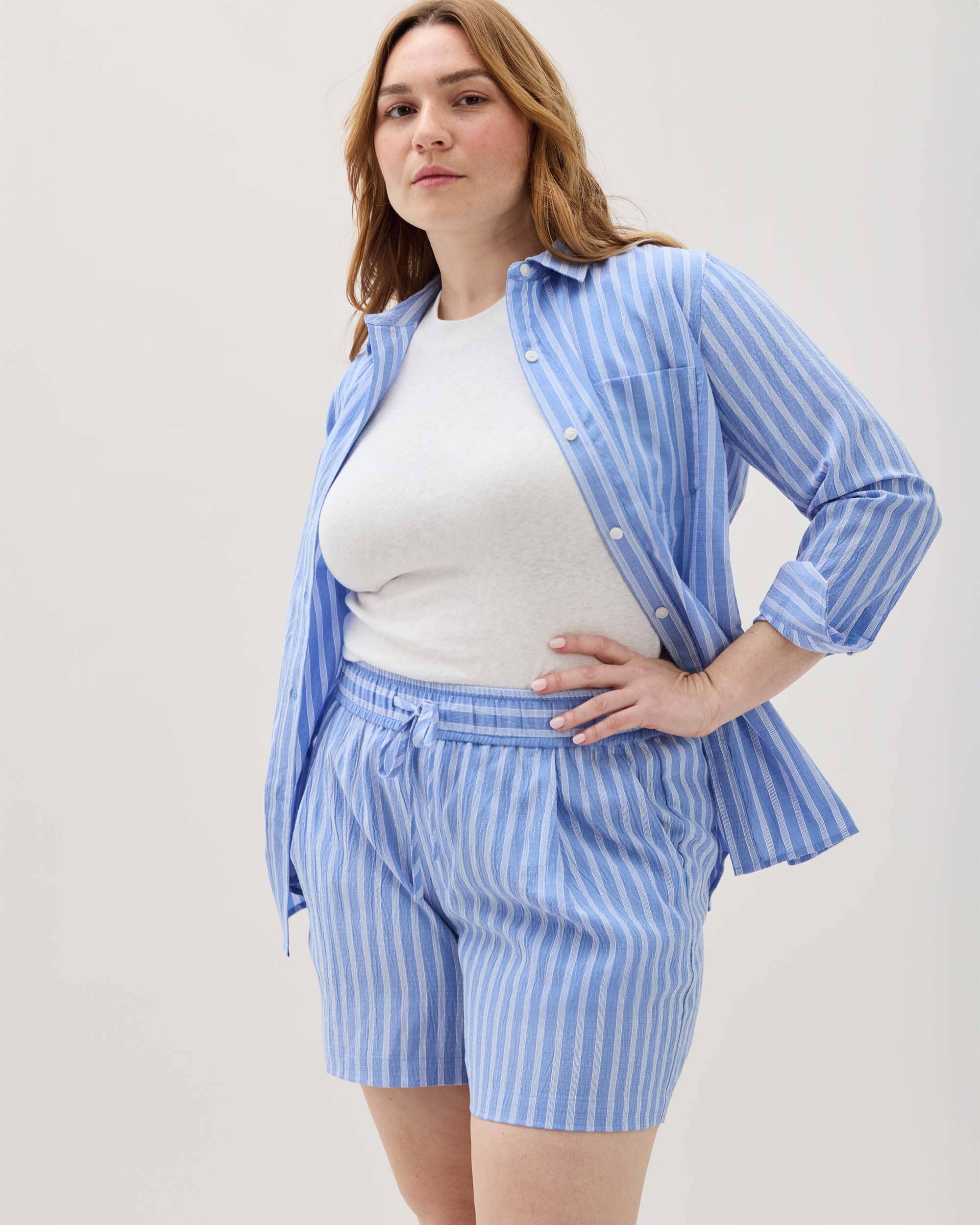 Andie Swim - Womens Palermo Short - Poly Seer Sucker Stripe - Blue Stripe -