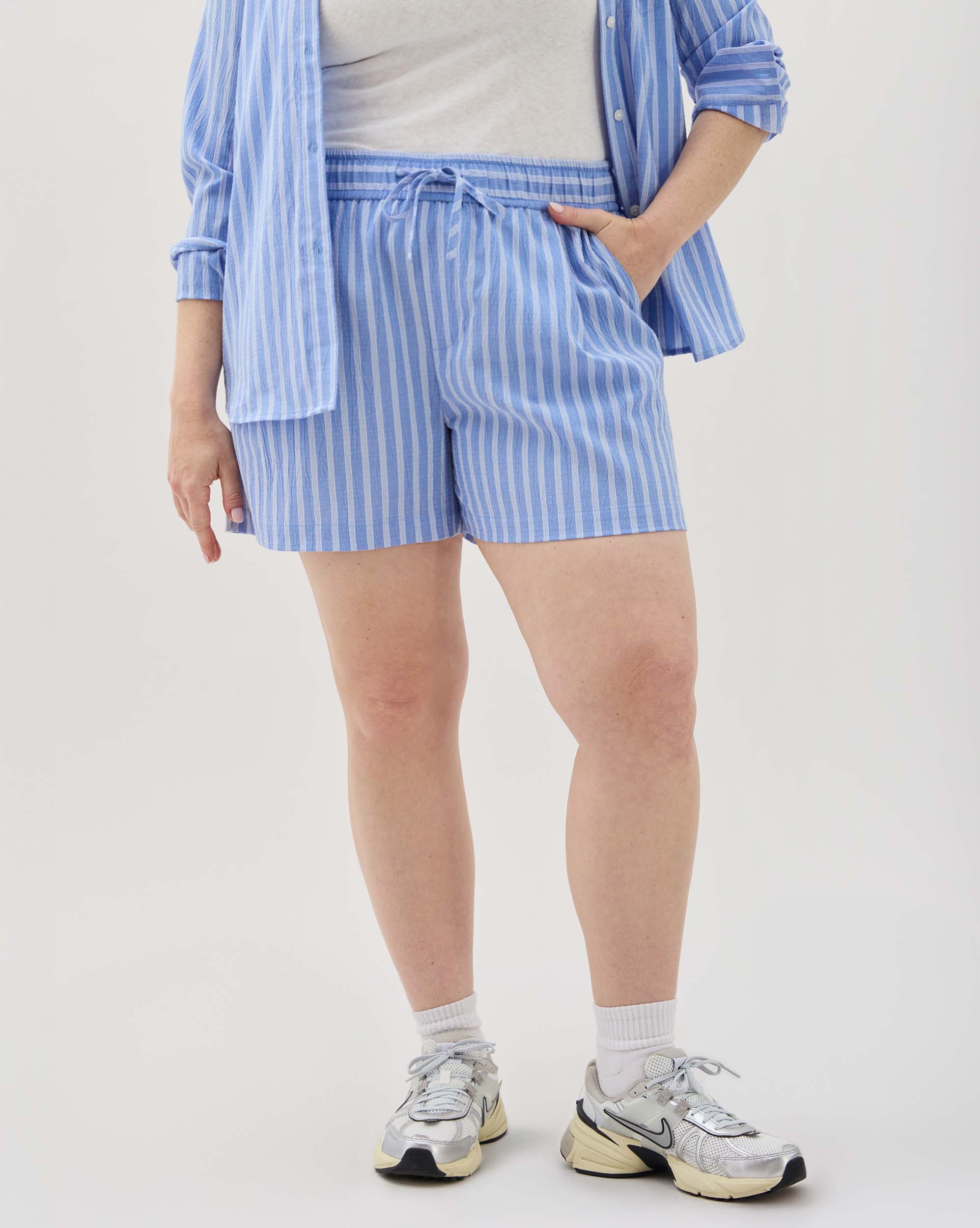 Andie Swim - Womens Palermo Short - Poly Seer Sucker Stripe - Blue Stripe -