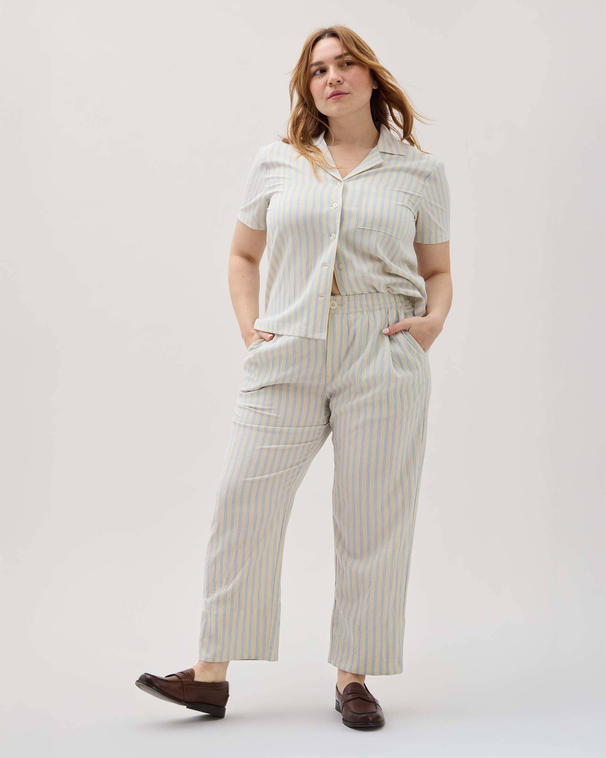 Andie Swim - Womens Palermo Street Pant - Poly Seer Sucker Stripe - Vanilla Blue Stripe - VANILLA BLUE STRIPE