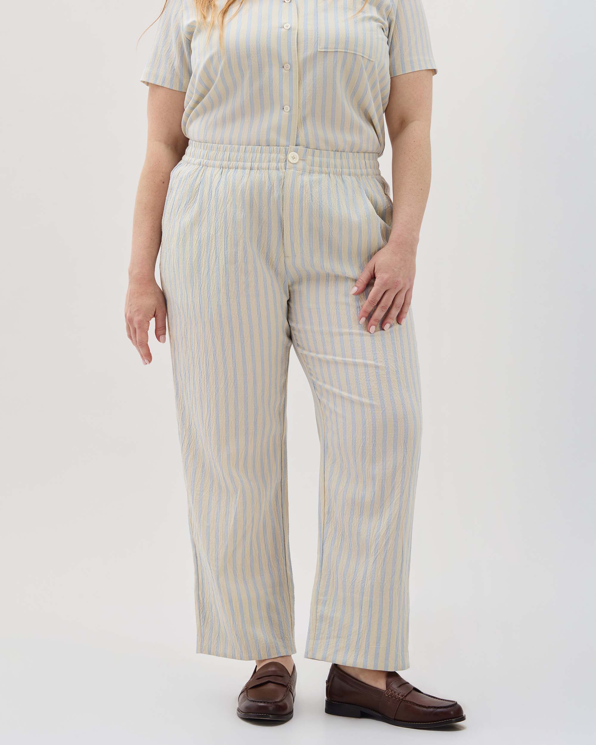 Andie Swim - Womens Palermo Street Pant - Poly Seer Sucker Stripe - Vanilla Blue Stripe -