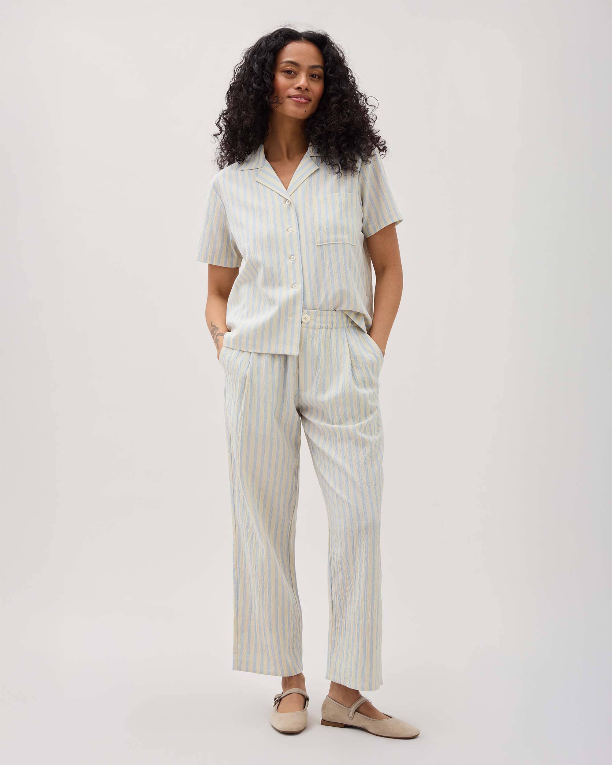 Andie Swim - Womens Palermo Street Pant - Poly Seer Sucker Stripe - Vanilla Blue Stripe -