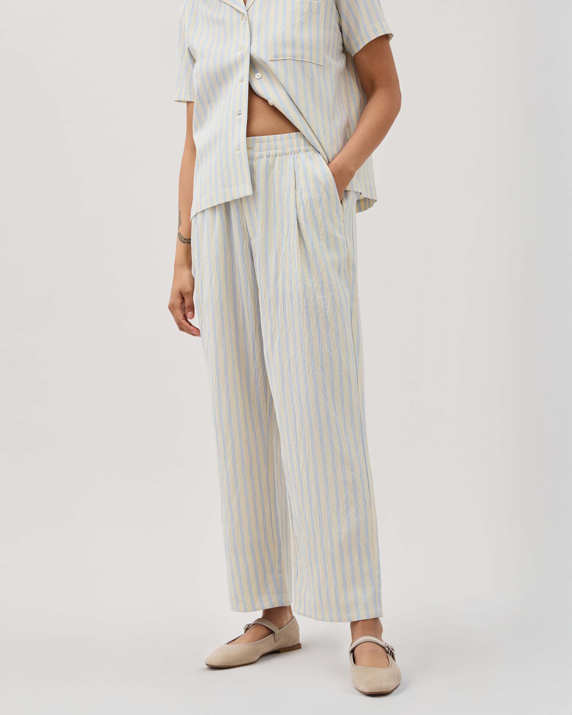 Andie Swim - Womens Palermo Street Pant - Poly Seer Sucker Stripe - Vanilla Blue Stripe -