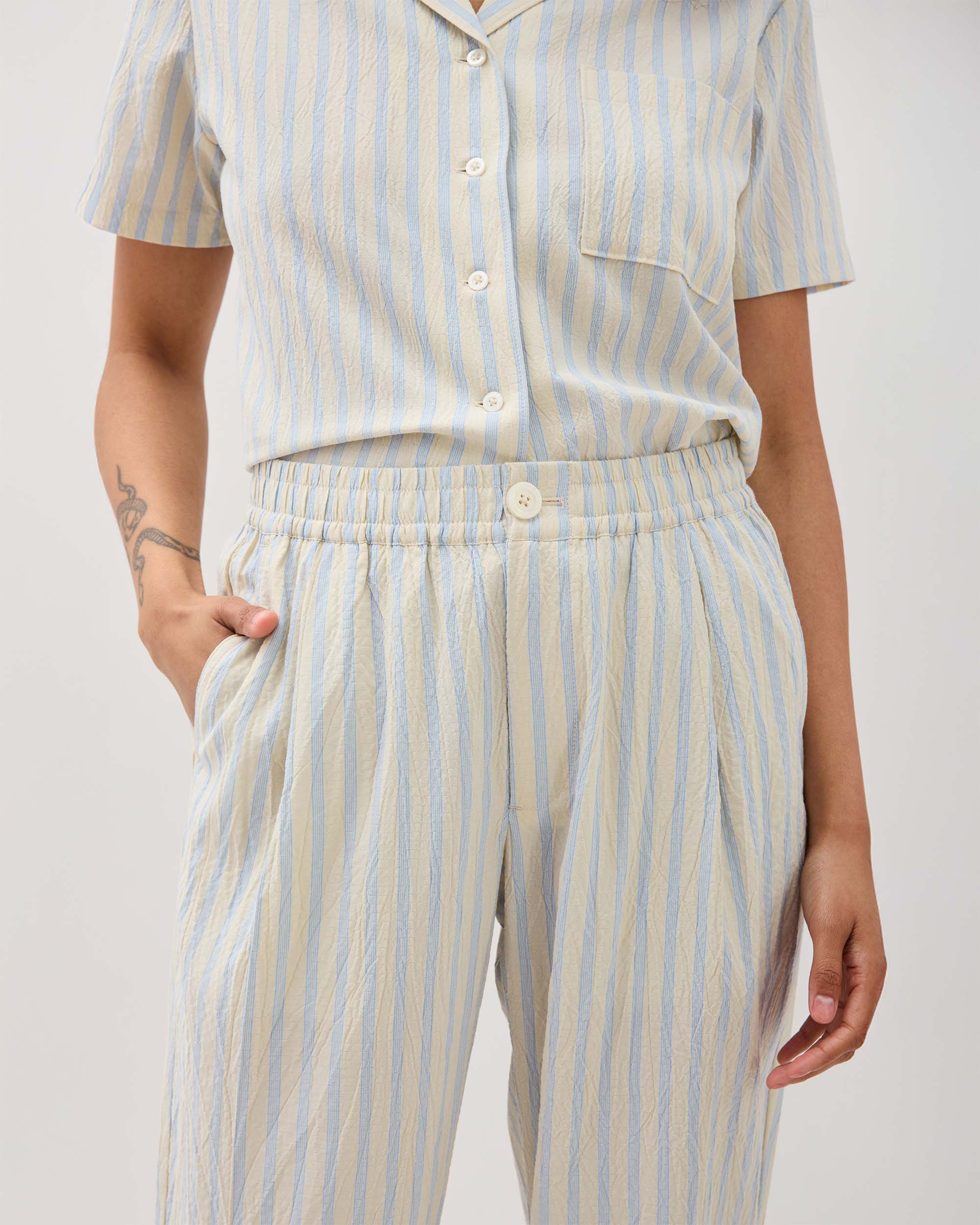 Andie Swim - Womens Palermo Street Pant - Poly Seer Sucker Stripe - Vanilla Blue Stripe -