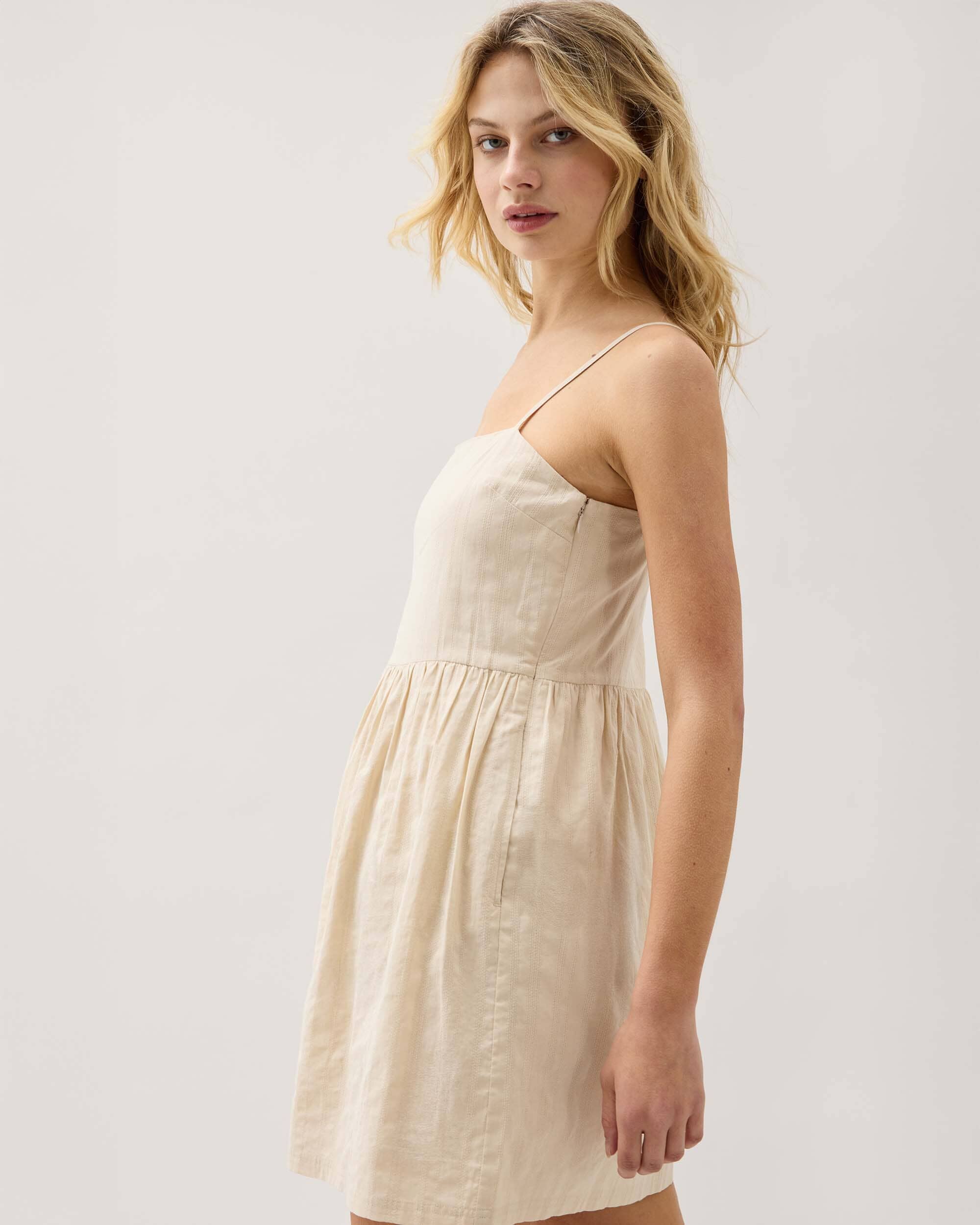 Andie Swim - Womens Cardiff Mini Dress - Cotton Woven Dobby - Oat Milk -