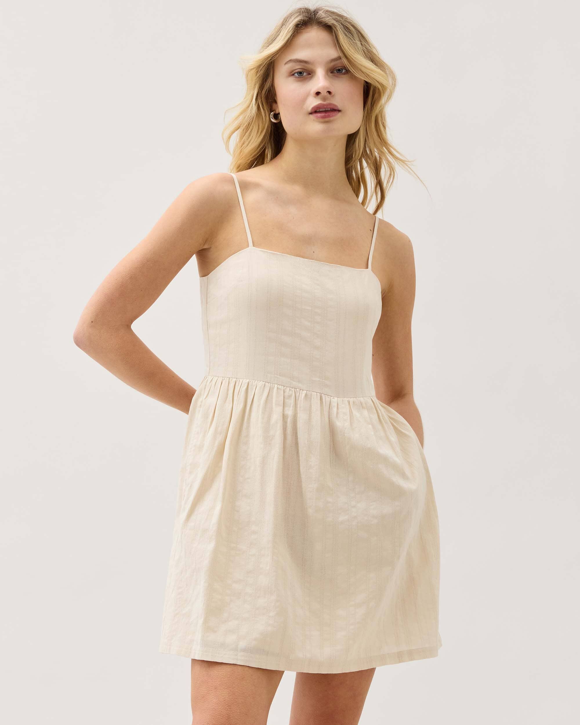 Andie Swim - Womens Cardiff Mini Dress - Cotton Woven Dobby - Oat Milk - OAT MILK