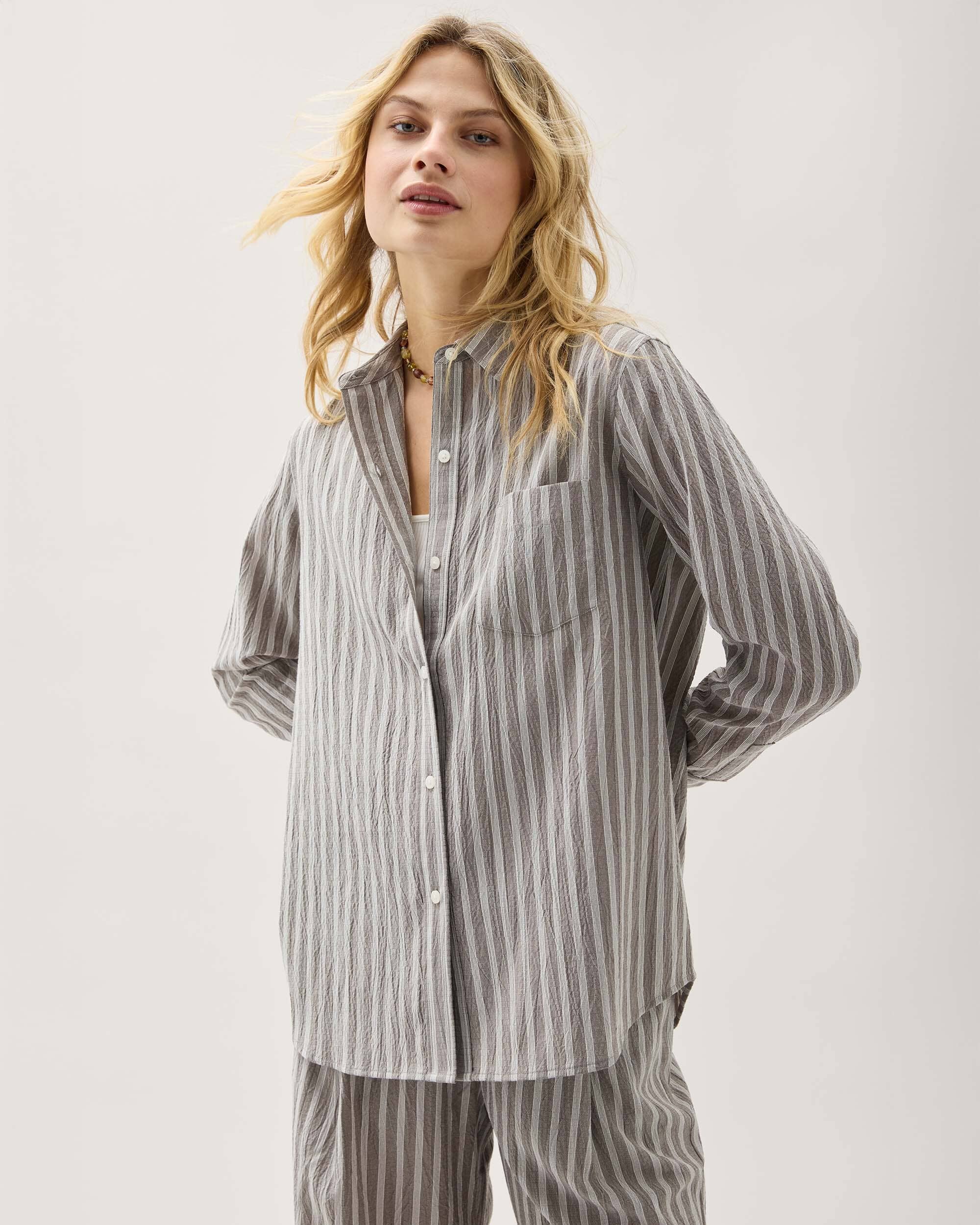 Andie Swim - Womens Palermo Button Up - Poly Seer Sucker Stripe - Black Stripe - BLACK WHITE STRIPE