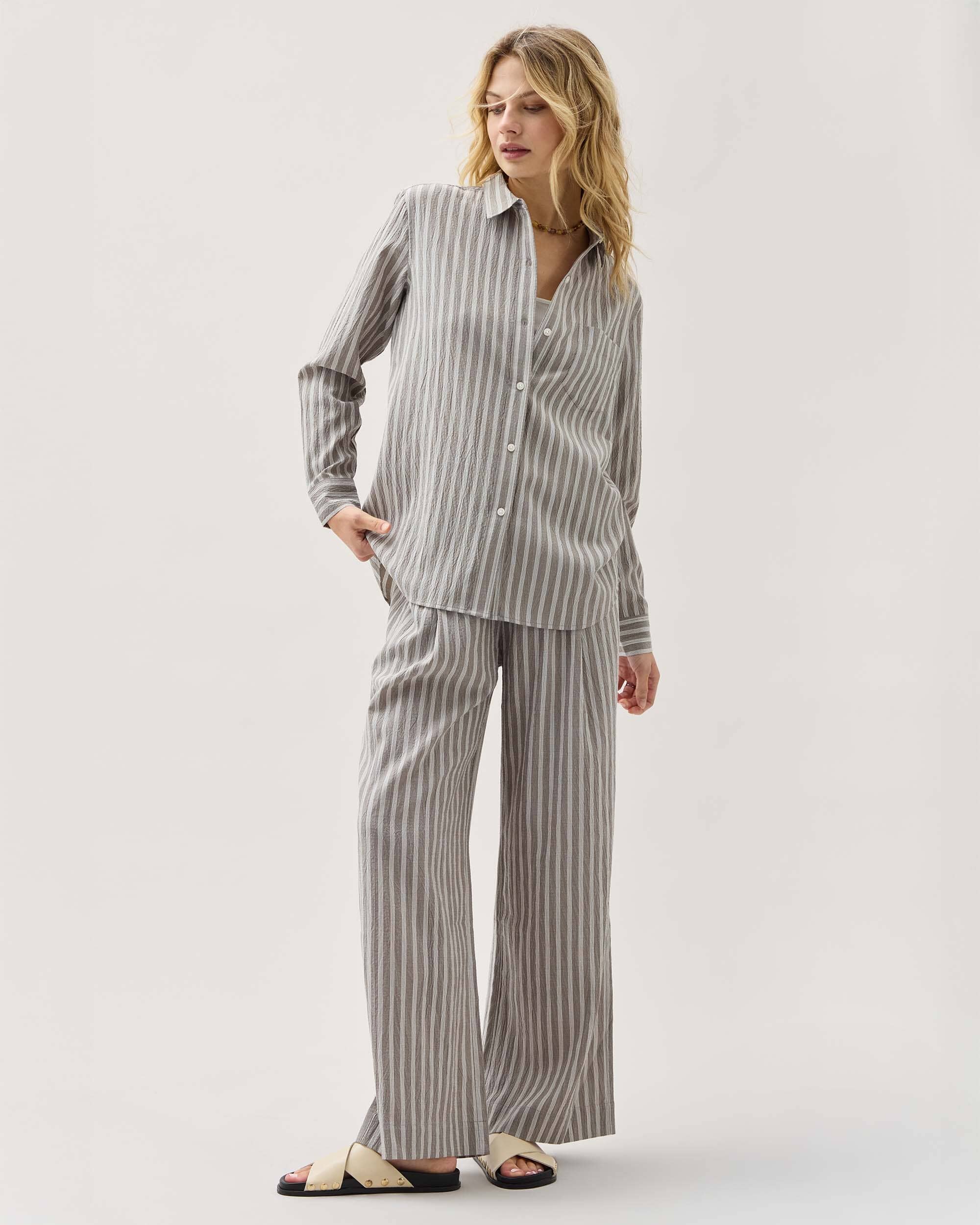 Andie Swim - Womens Palermo Button Up - Poly Seer Sucker Stripe - Black Stripe -