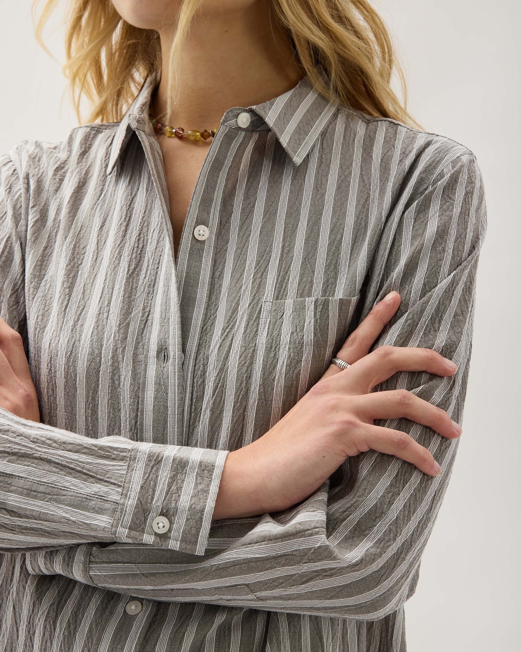 Andie Swim - Womens Palermo Button Up - Poly Seer Sucker Stripe - Black Stripe -