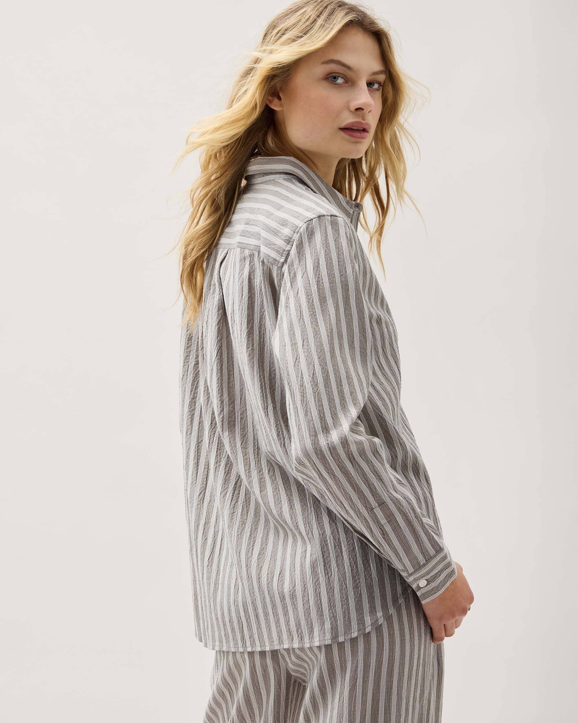 Andie Swim - Womens Palermo Button Up - Poly Seer Sucker Stripe - Black Stripe -