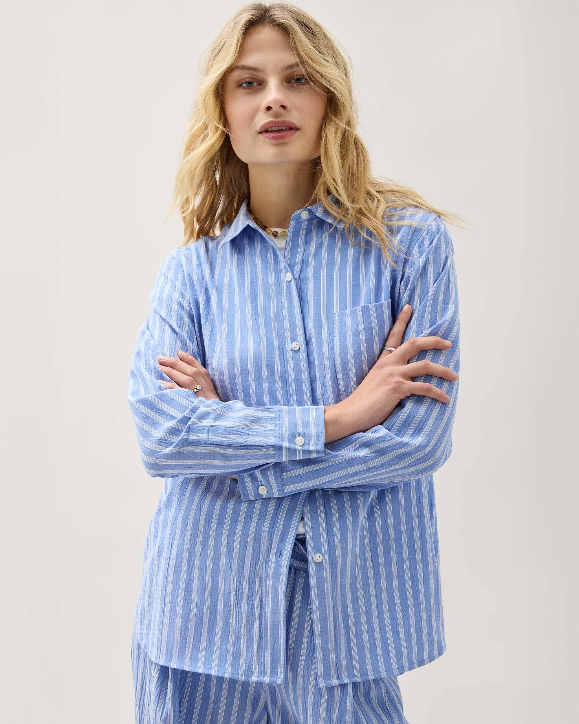 Andie Swim - Womens Palermo Button Up - Poly Seer Sucker Stripe - Oxford Blue Stripe - OXFORD BLUE STRIPE