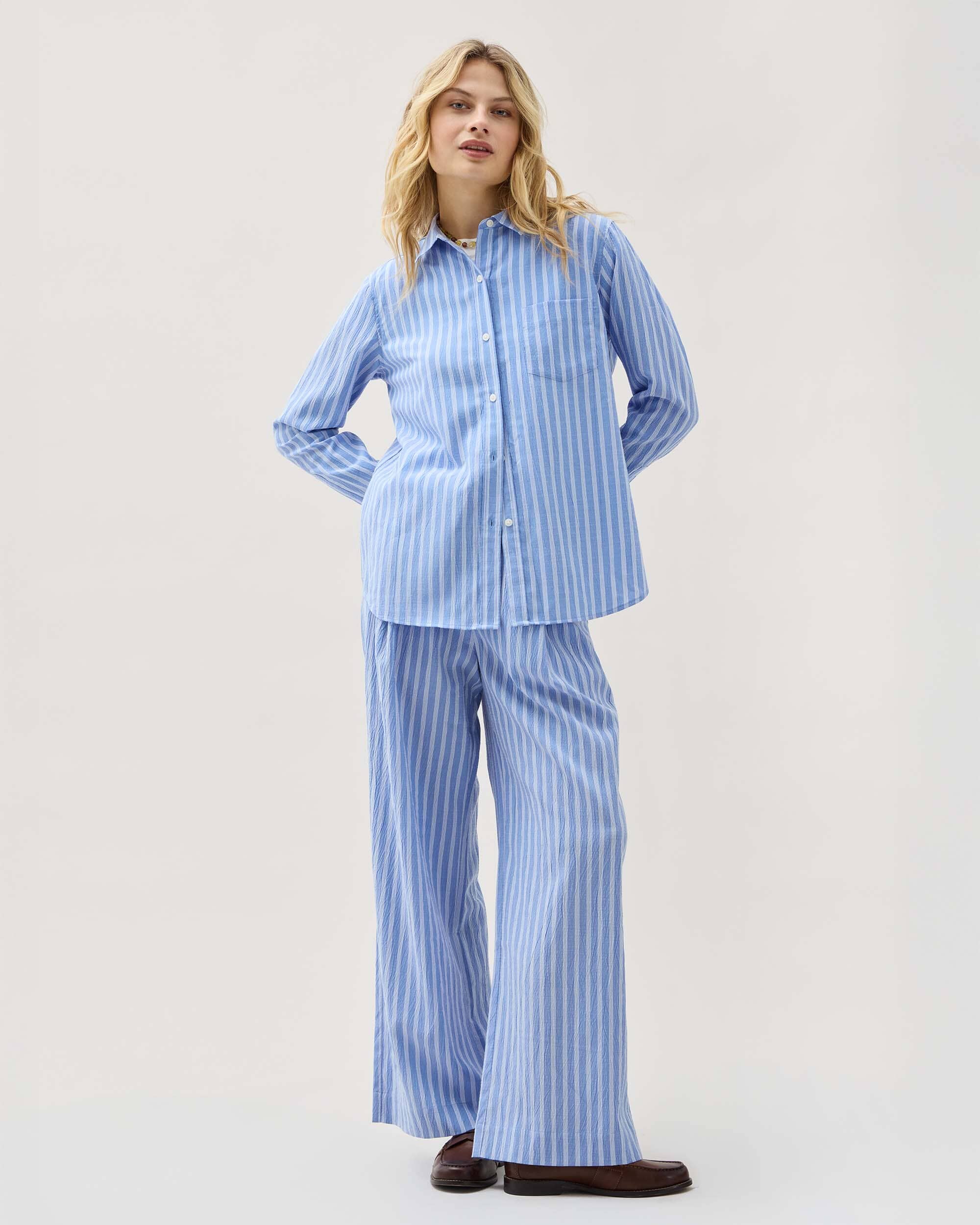 Andie Swim - Womens Palermo Button Up - Poly Seer Sucker Stripe - Oxford Blue Stripe -