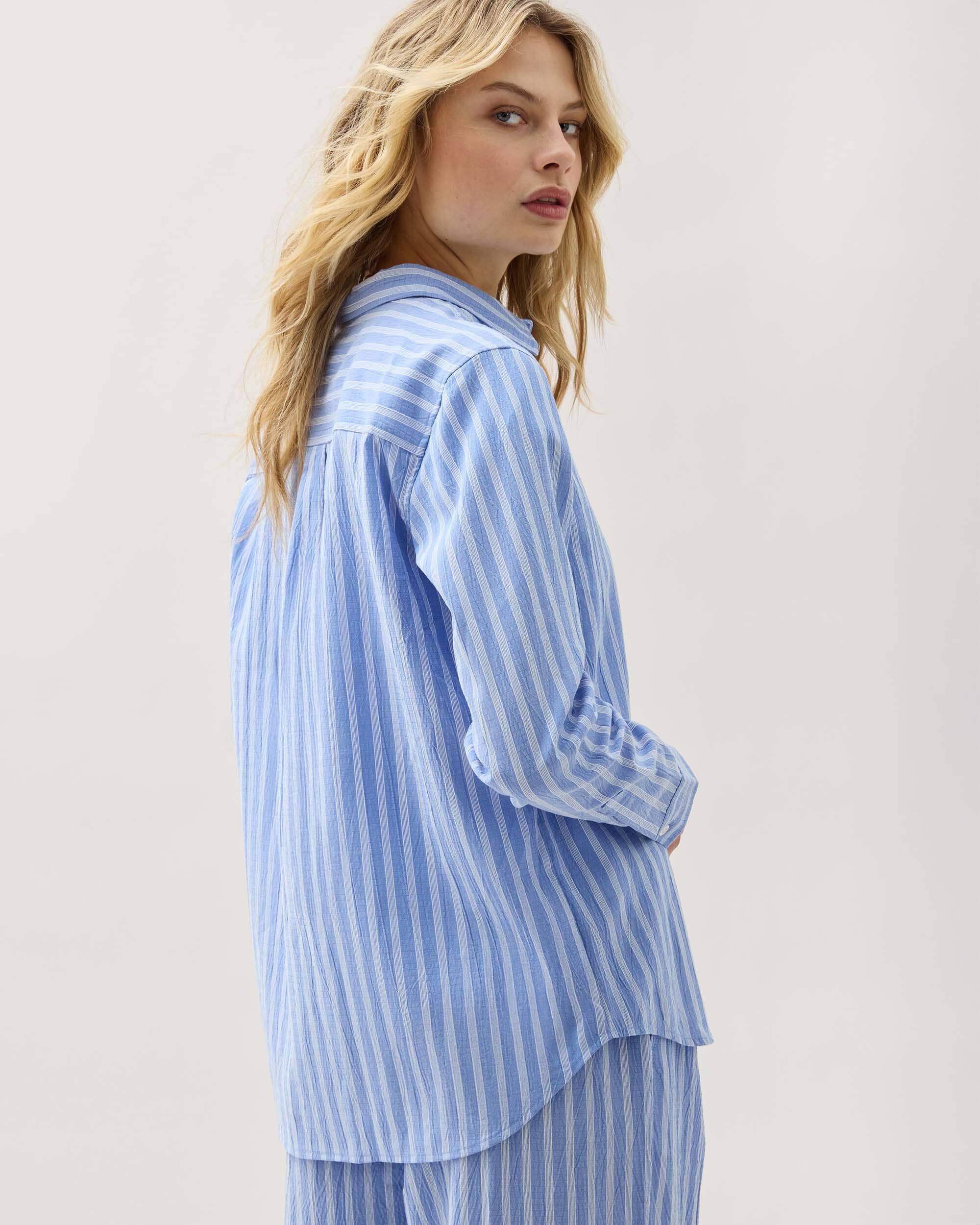 Andie Swim - Womens Palermo Button Up - Poly Seer Sucker Stripe - Oxford Blue Stripe -