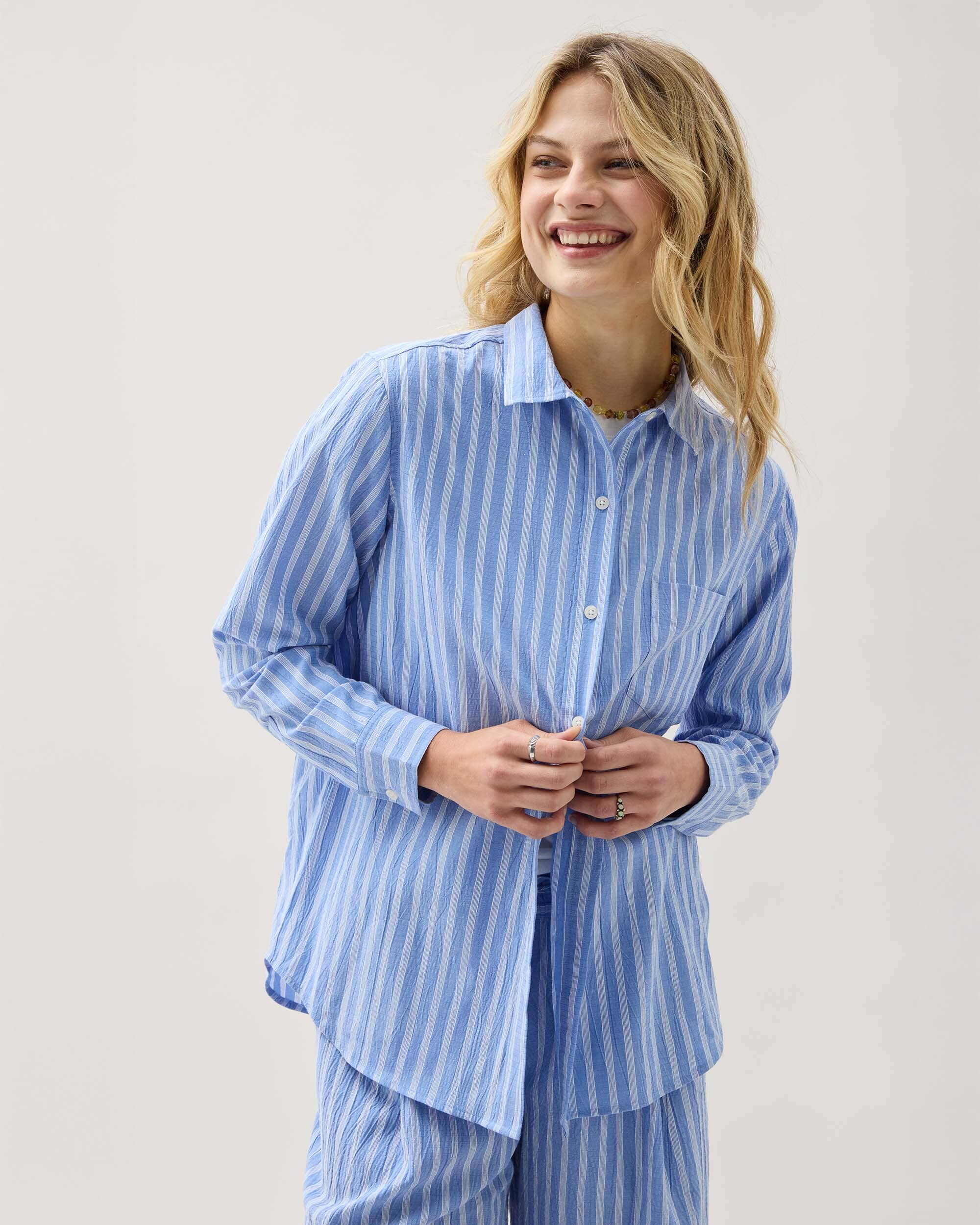 Andie Swim - Womens Palermo Button Up - Poly Seer Sucker Stripe - Oxford Blue Stripe -